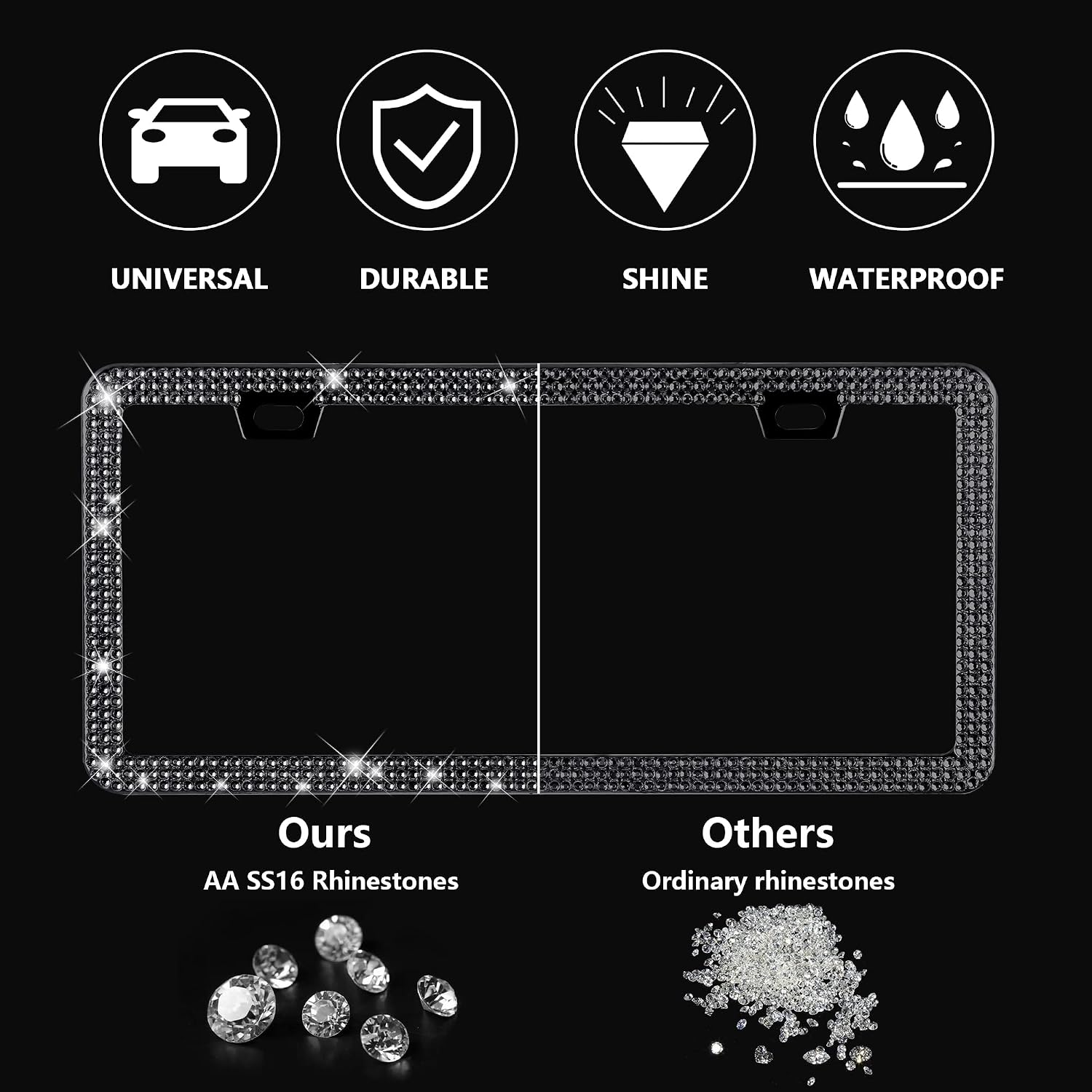 2 Pack Black Bling License Plate Frames for Women, Rhinestone License Plate Frames Sparkly License Plate Frames, Diamond Car Accessories (Black)