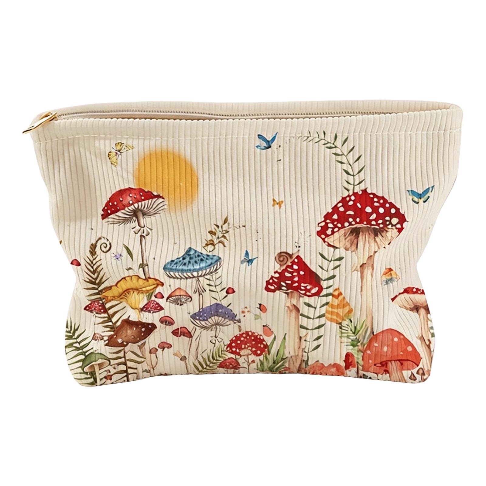 Xinsheinelry Moons and Mushroom Print Corduroy Zippers Pouches for Cosmetics Stationery Travel Accessory Multipurpose Storage Bag