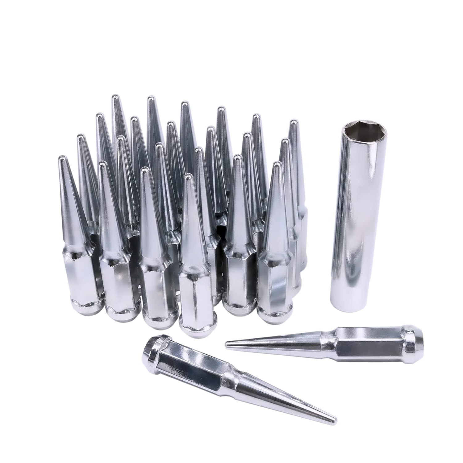JDMSPEED New Wheel Spike Lug Nuts (24pcs) with 1 Socket Key Chrome 14x1.5 4.5 Tall 6 Lug 14mmx1.5 Replacement for GMC Chevy Ford Vehicles