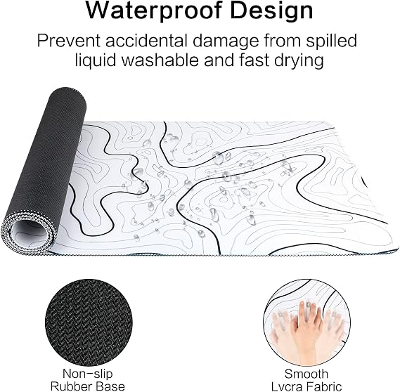 Large Gaming Mouse Pad, Topographic Mouse Mat for Gaming Mousepad Office, Long XL Mouse Pads Keyboard Pad for Computer Laptop 31.5''x11.8'' Desk Mat (White)