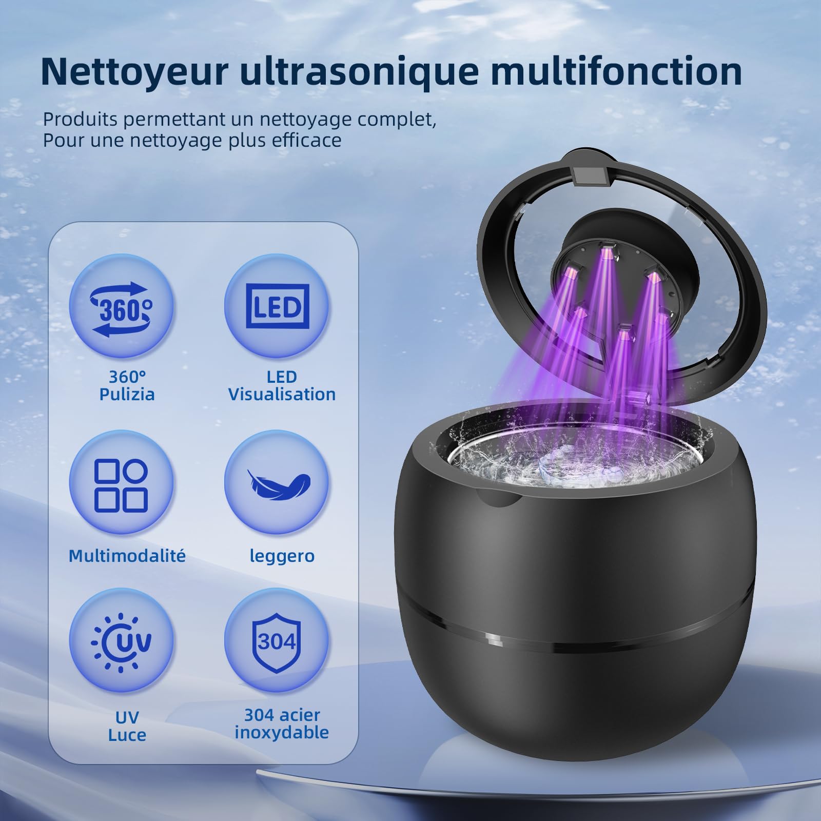 Nettoyeur Ultrasons sans Fil 48000Hz 210ML Bac Ultrasons Rechargeable Dental Pod 6 UV Lampe 4 Modes pour Prothèses Dentaires Gouttière Retainer Bijoux