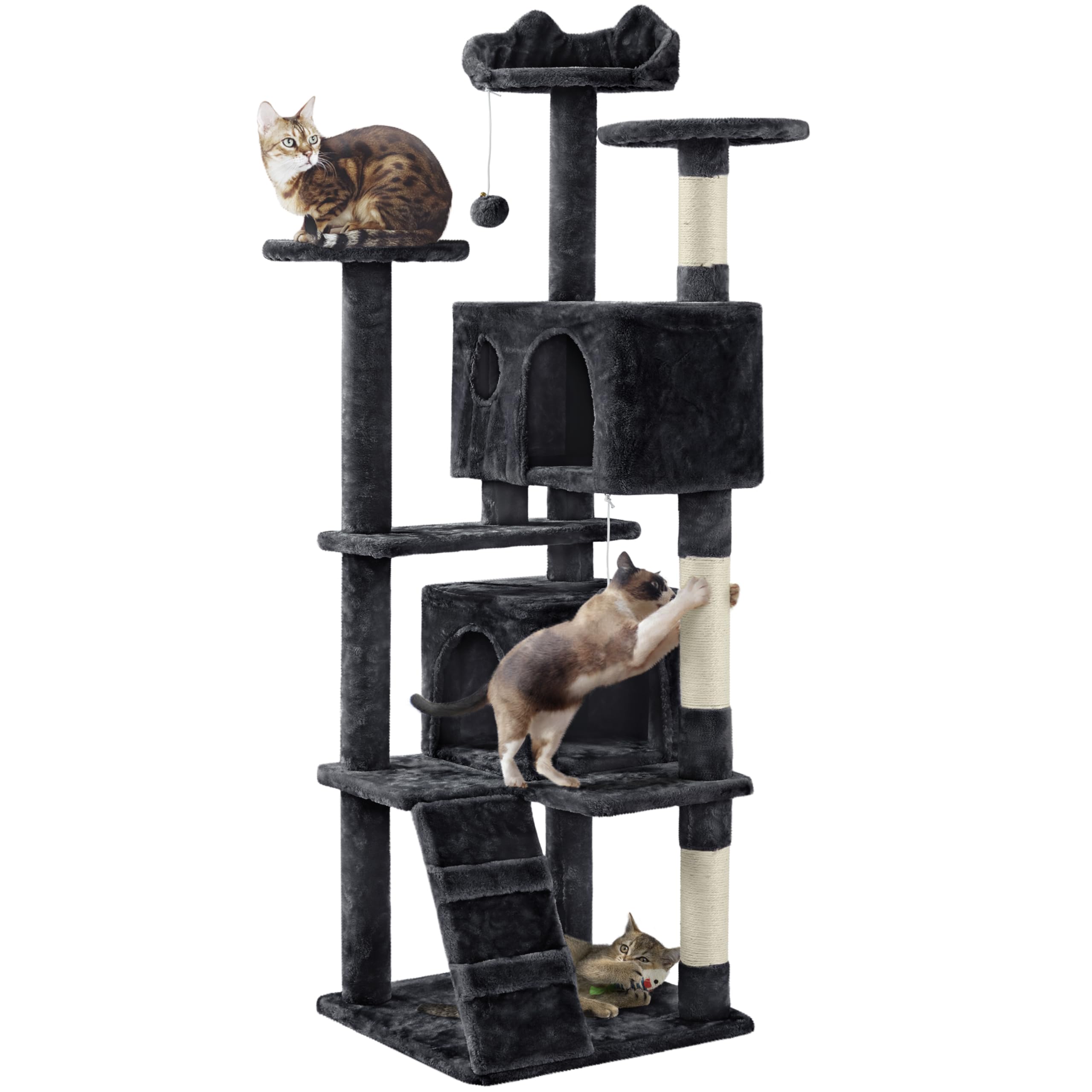 Yaheetech Árbol Rascador para Gatos 139cm con 3 Plataformas 2 Nidos 2 Pompones Torre de Escalador con Postes en Sisal Ideal para 3-4 Gatos Gris Oscuro — view 20
