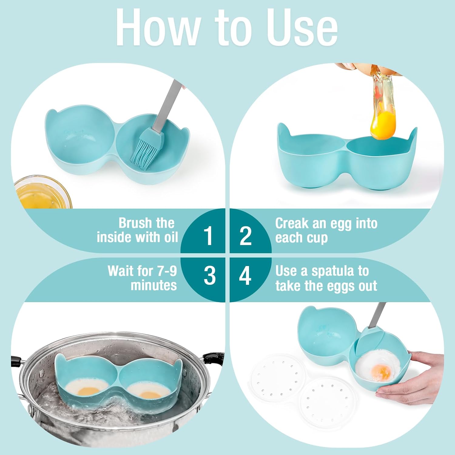 2 Pack Egg Poacher, Silicone Egg Mold for Kitchen, Nonstick Egg Poacher Cups for Microwacve Baking Oven or Stovetop Egg Cooking, BPA Free Egg Cooking Cups with Oil Brush & Spatula, Blue