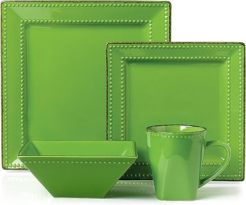 Elegante y elegante juego de vajilla cuadrada de cerámica de 16 piezas con cuentas para organizar fiestas y eventos, color verde, 16 piezas, cuentas