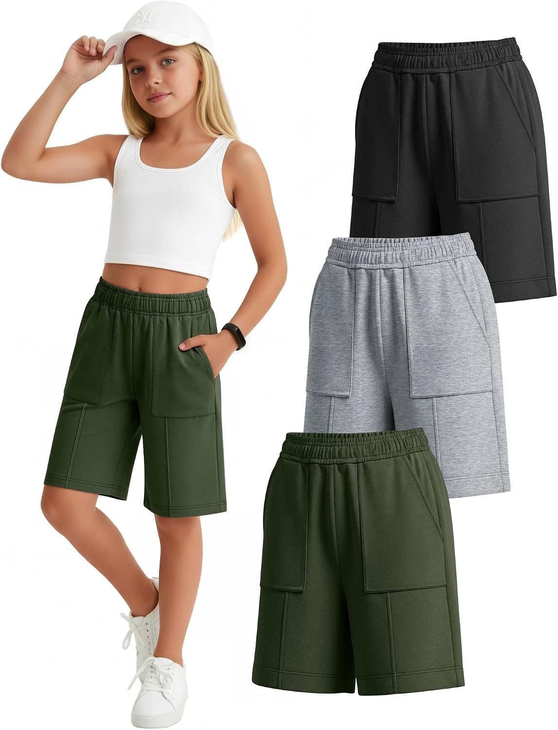 3 Pack Girl's Bermuda Shorts Straight Leg Baggy SweatShorts Casual Loose Knee Length Shorts with Pockets 5-14 Years
