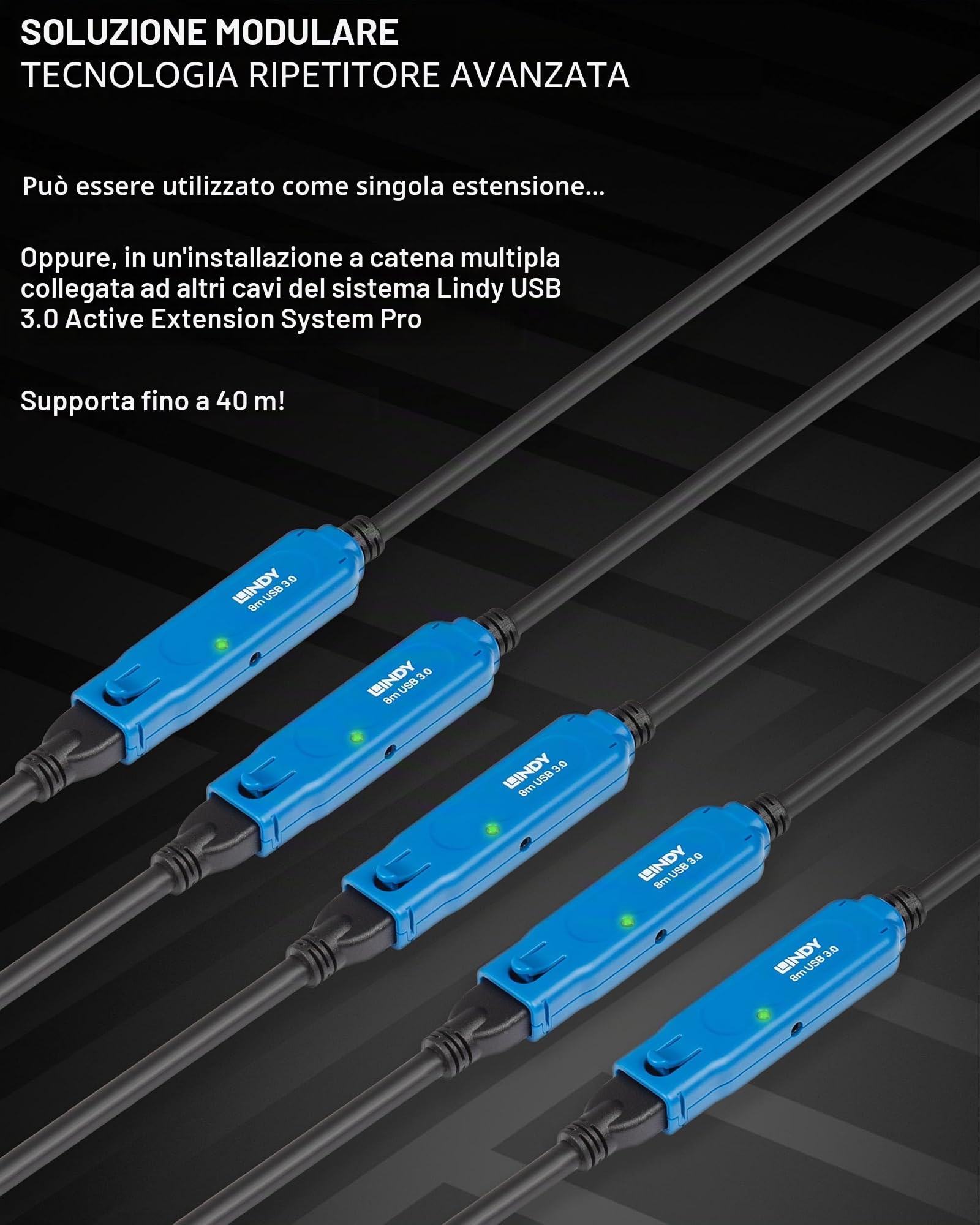 LINDY - Cavo Prolunga USB 3.0 Active Extension Pro 8 Metri, Connettore USB Tipo A Maschio a Femmina, Velocità di Trasferimento Dati Super Speed fino a 5 Gbps per Webcam, Stampanti, Lettori di Schede