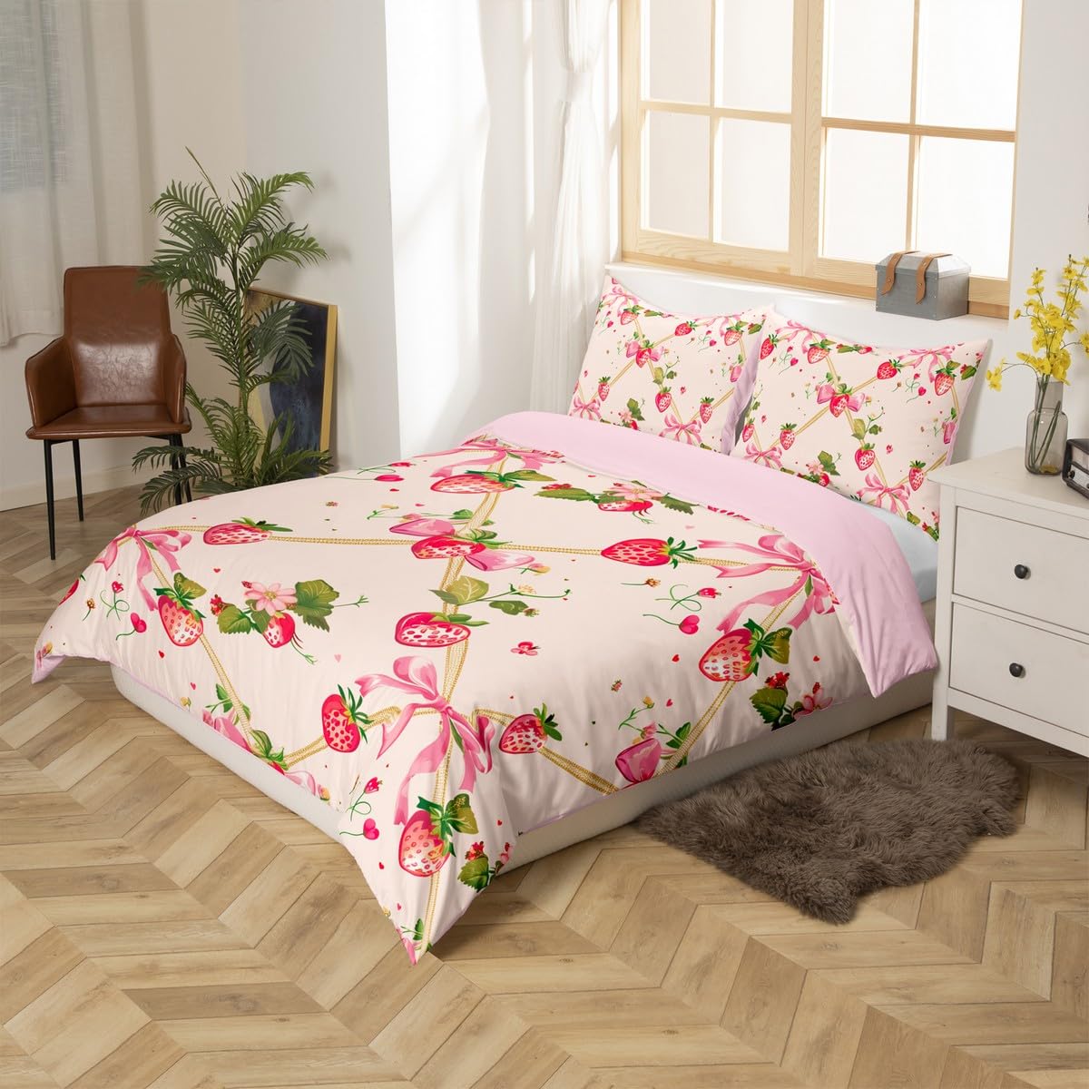 Homewish Różowa truskawkowa poszewka na kołdrę dla chłopców dziewcząt urocza kokardka wstążka wiązana zestawy pościeli, kokarda dekoracyjna narzuta na łóżko super king nowoczesny dziewczęcy