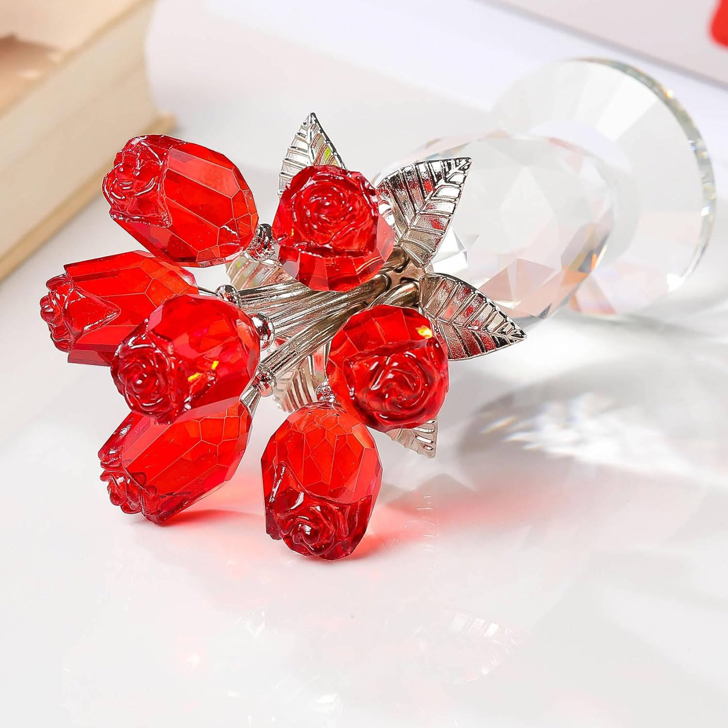 Movdyka Red Rose Crystal Flower Glass Roses Bouquet Gifts for Women Wife Mom Collectible Blown Glass Figurines Home Desk Decor Ornaments for Wedding Birthday Mothers Day Anniversary