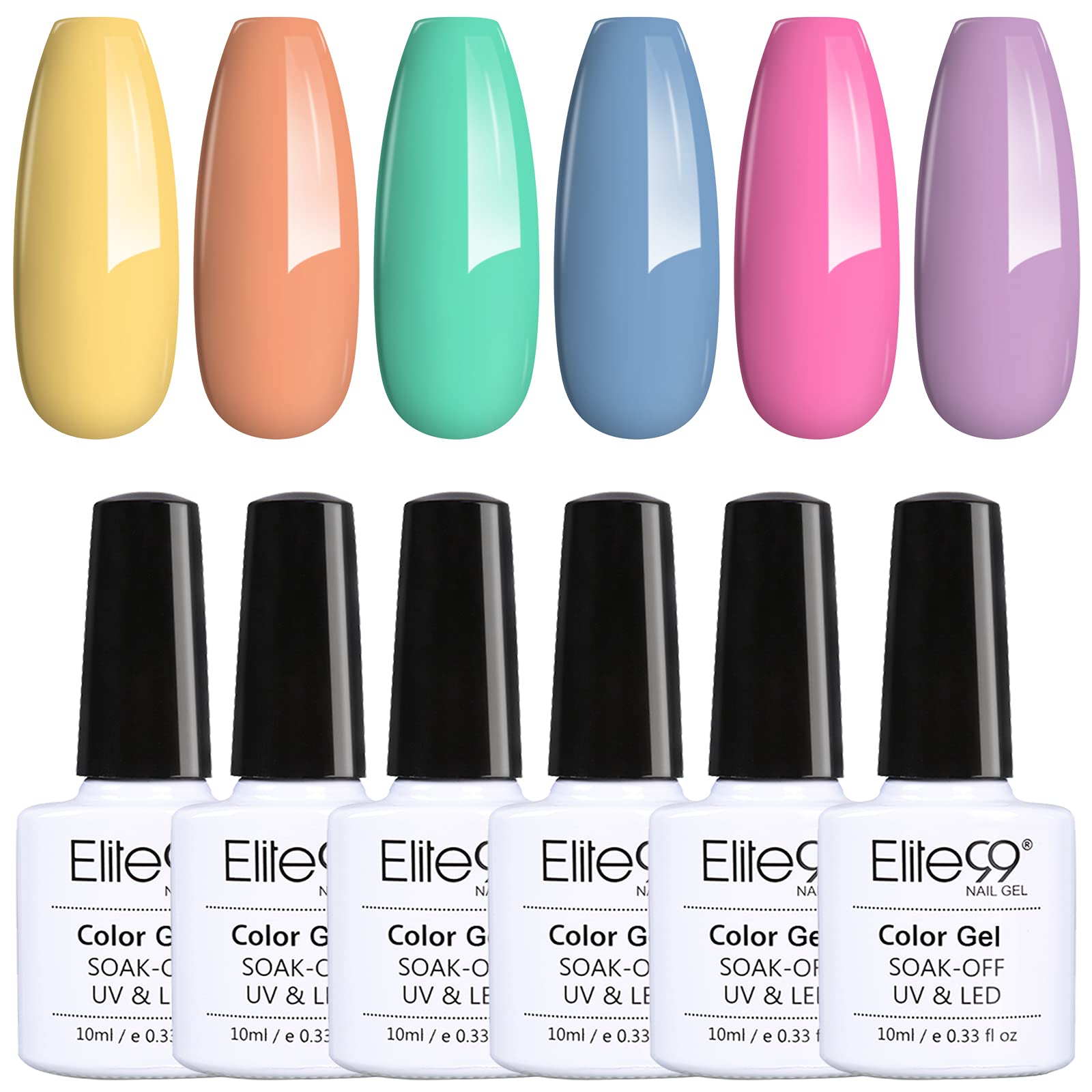 Elite99 6pcs Kit de Esmaltes Semipermanentes de Uñas en Gel UV LED, 10ml, Macarrón Colors Rosa Púrpura Azul Verde