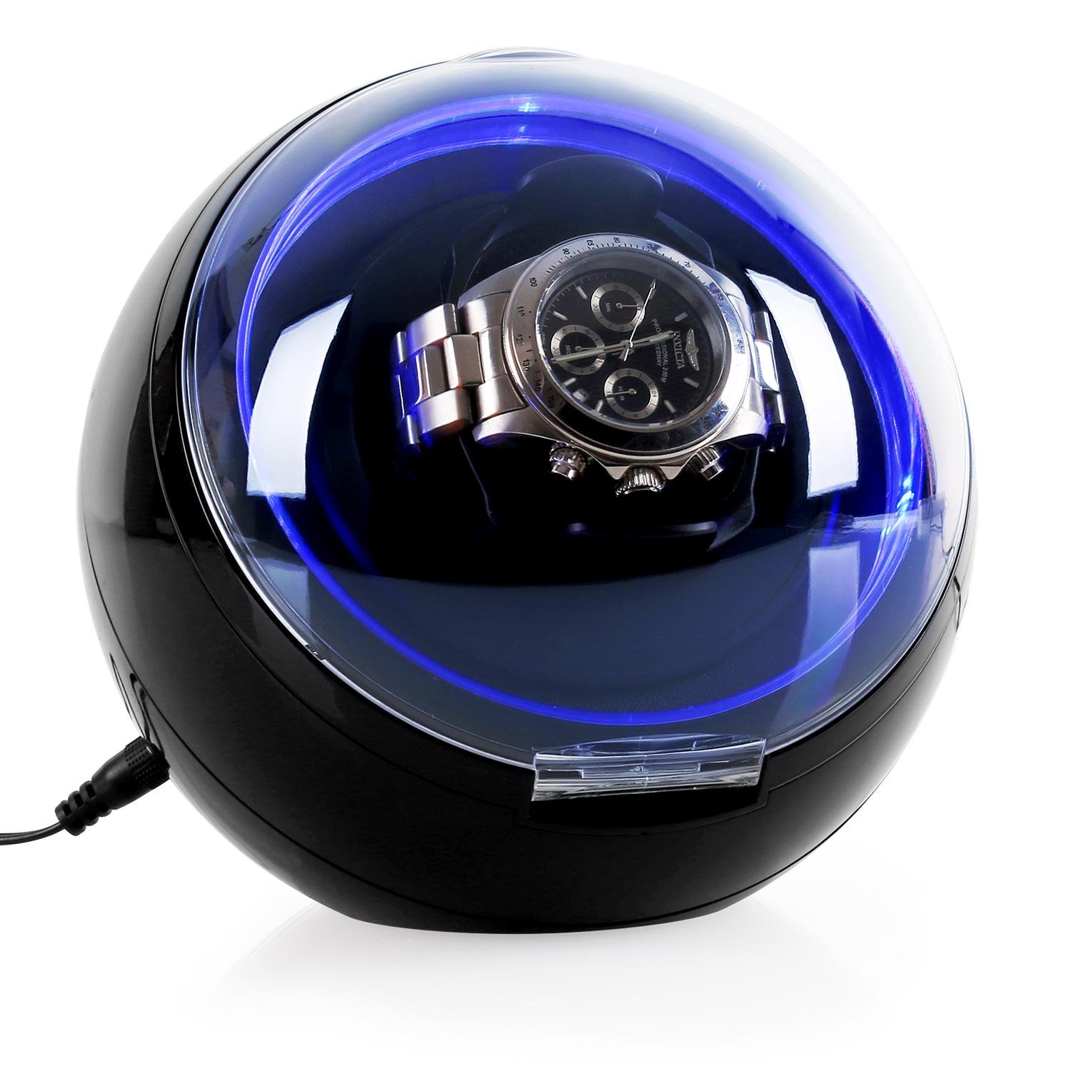 Klarstein St. Gallen Deux Watch Winder - for One Watch, LED Lighting, 4 Different Programmes, Compact Footprint, Whisper-Quiet Motor, Glossy Ball Casing, Rotatable in Both Directions, Black