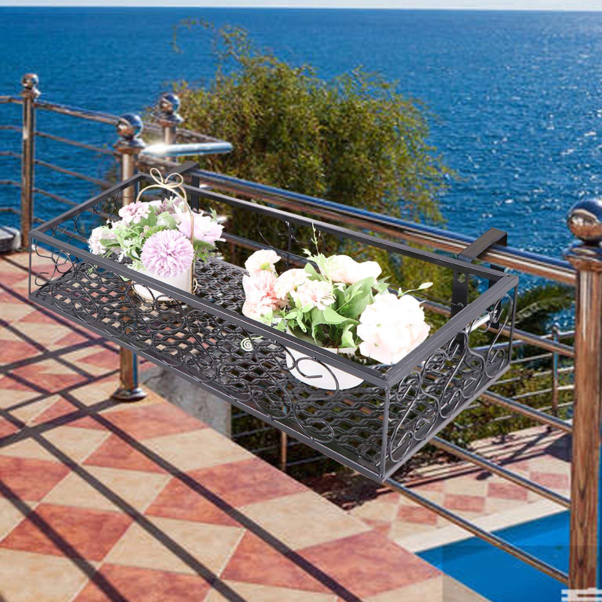 Hemoton Portavaso di Fiori Ferro Arte Rettangolare Cesti Appesi Vasi da Giardino Fioriere Secchio di Metallo per Patio Balcone Recinzione del Portico 50X20x12cm