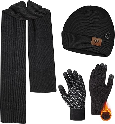 Gorro de invierno, bufanda larga de punto y guantes para pantalla táctil para hombres y mujeres, bufandas de cuello holgado