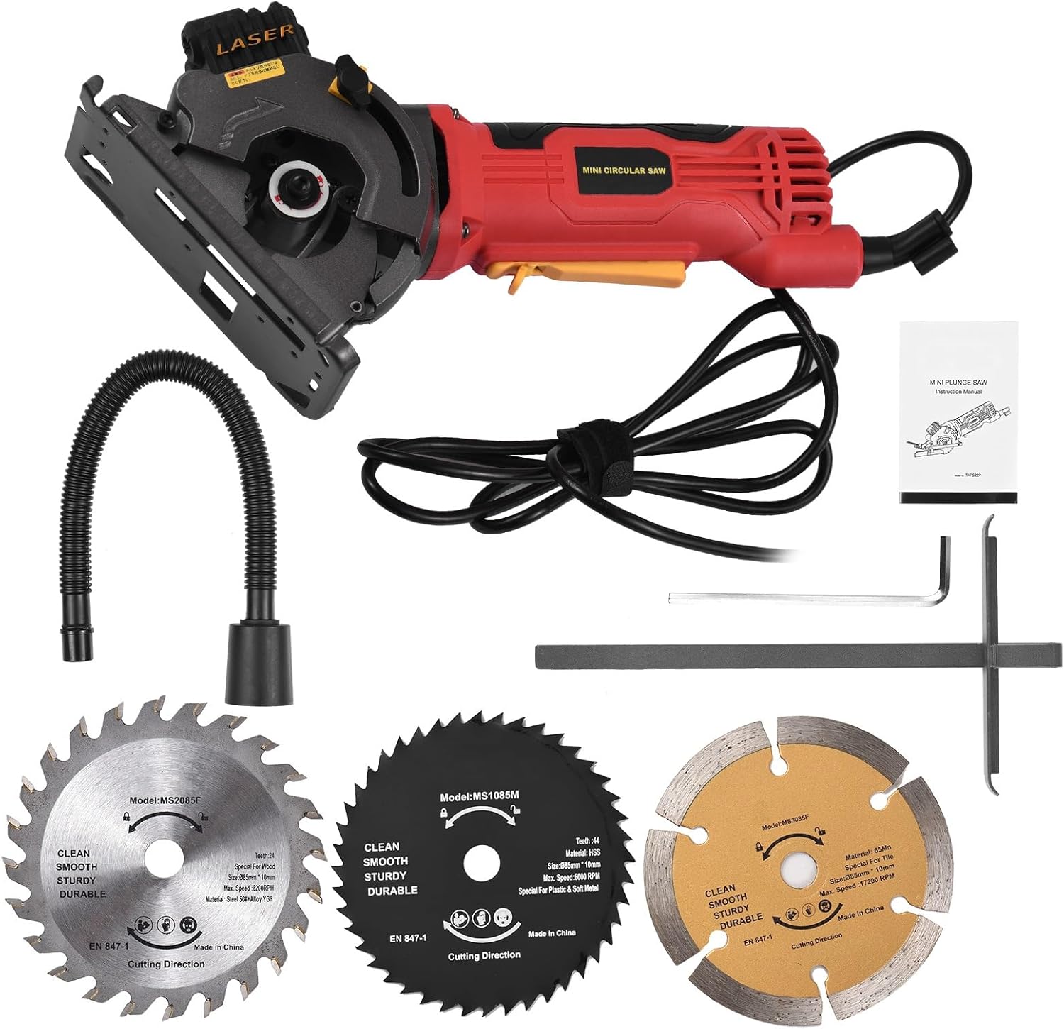 580W 4.8A 3700RPM Mini Circular Saw Corded 4 Amp Electric Compact Circular Saw with Guide Scale Ruler Vacuum Port 3 Blades for Cutting Wood Tile Plastic Soft Metal (US Plug)