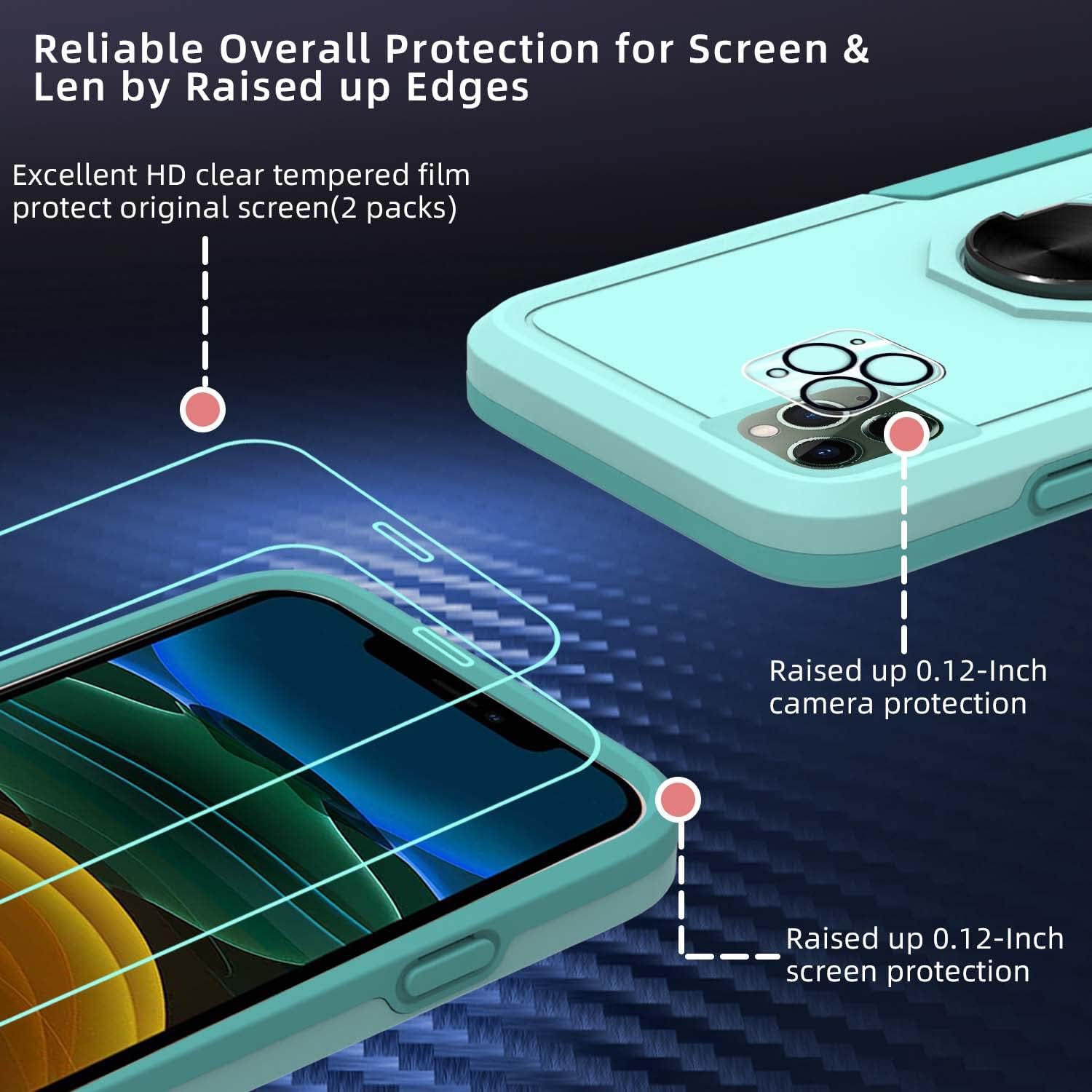 b1b byoneby Kickstand Case for iPhone 13 Pro with Ring Stand Shockproof Protective [3 in 1] Rugged Cases with 2 Pcs Screen Protector & Lens Protector Car Mount Magnetic Phone Cover,Teal