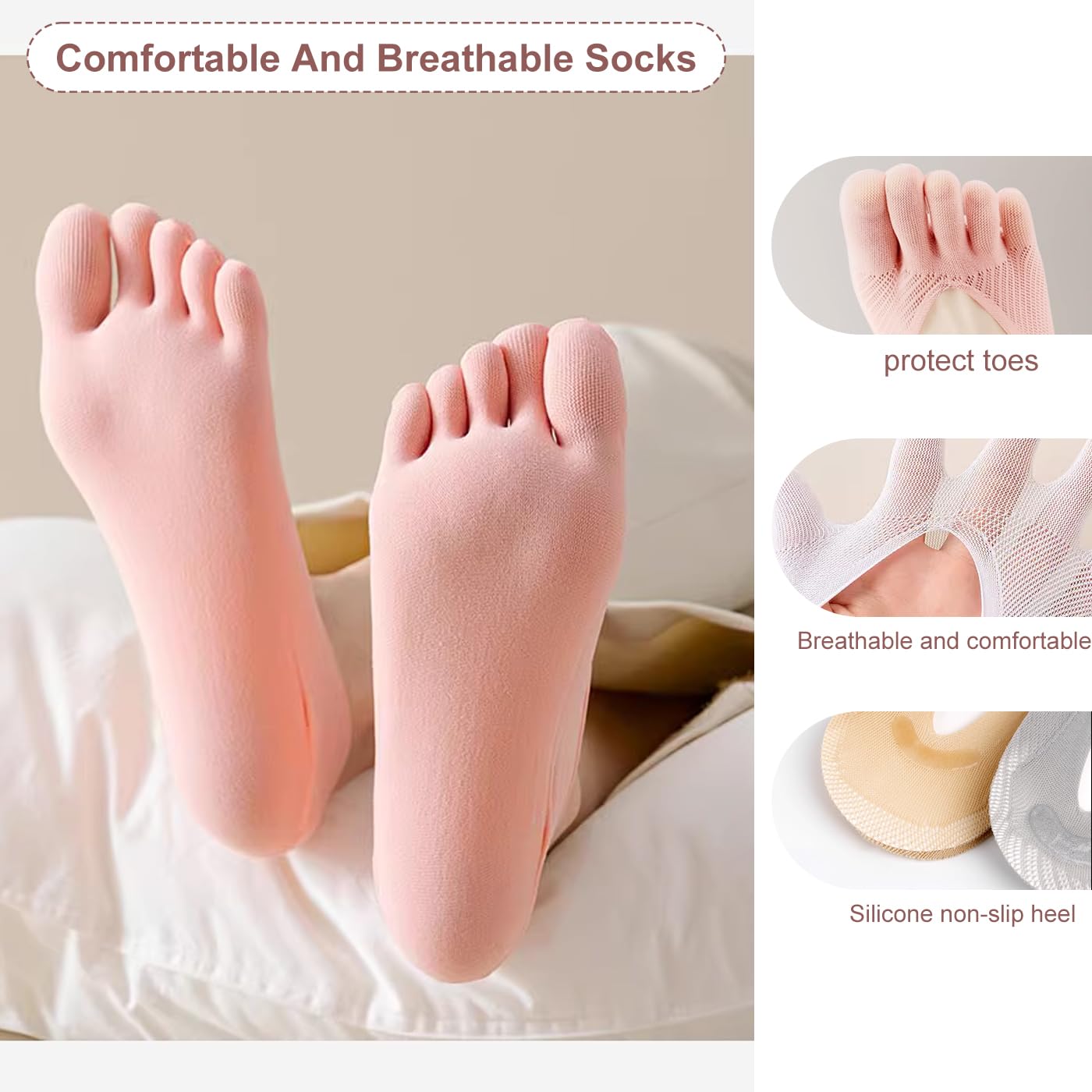 MoHern 6 Paar Zehensocken für Ballenzehen, Damen Fünf Finger Low Cut Sockalign USA Zehensocken, rutschfest und atmungsaktiv Ballenzeh-Korrektor