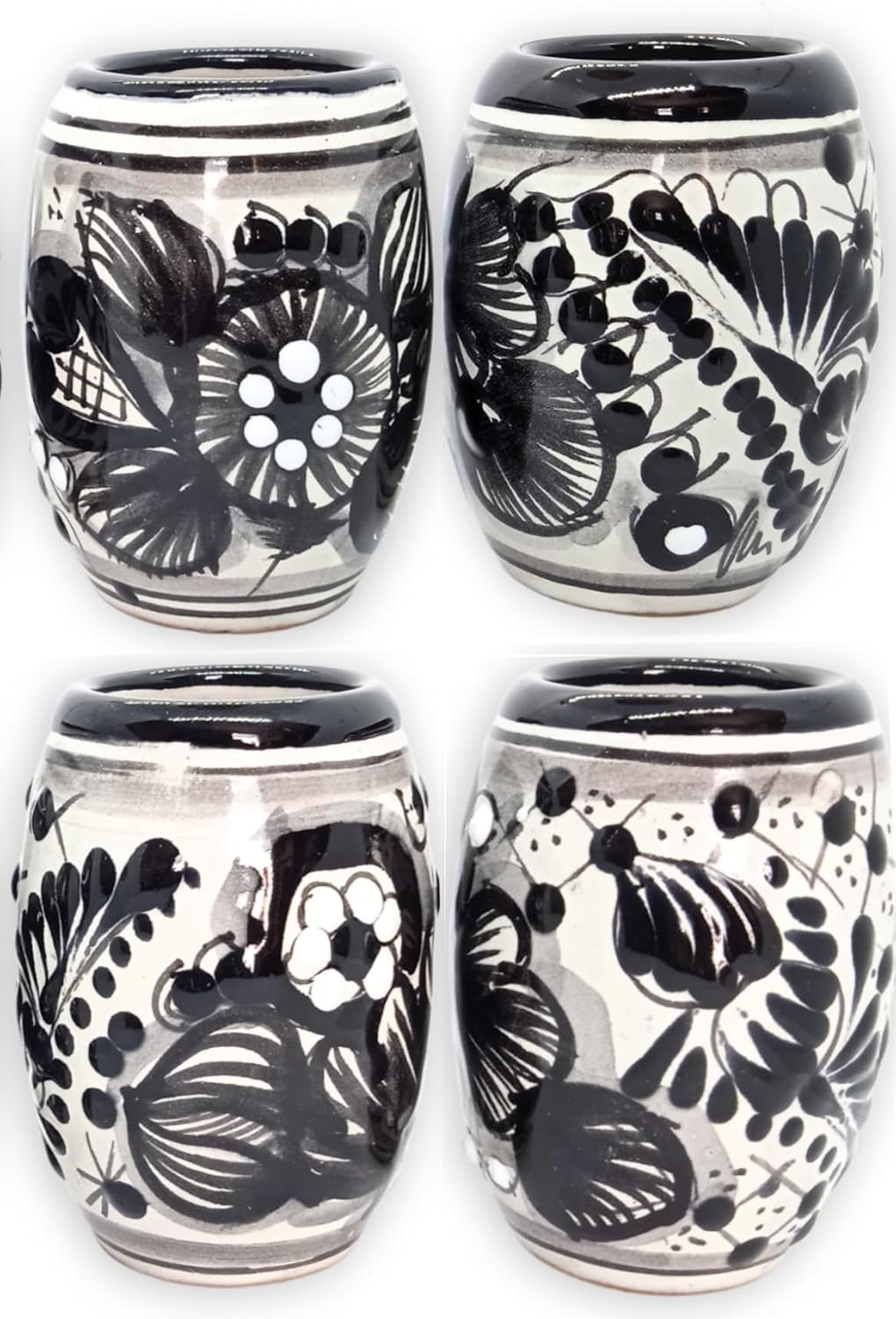 Barrel-Shaped Talavera Shot Glasses: Set of 4 Hand-Painted Floral Ceramic Caballitos, 2 oz, Authentic Mexican Pottery for Tequila & Mezcal (Black Barrel)
