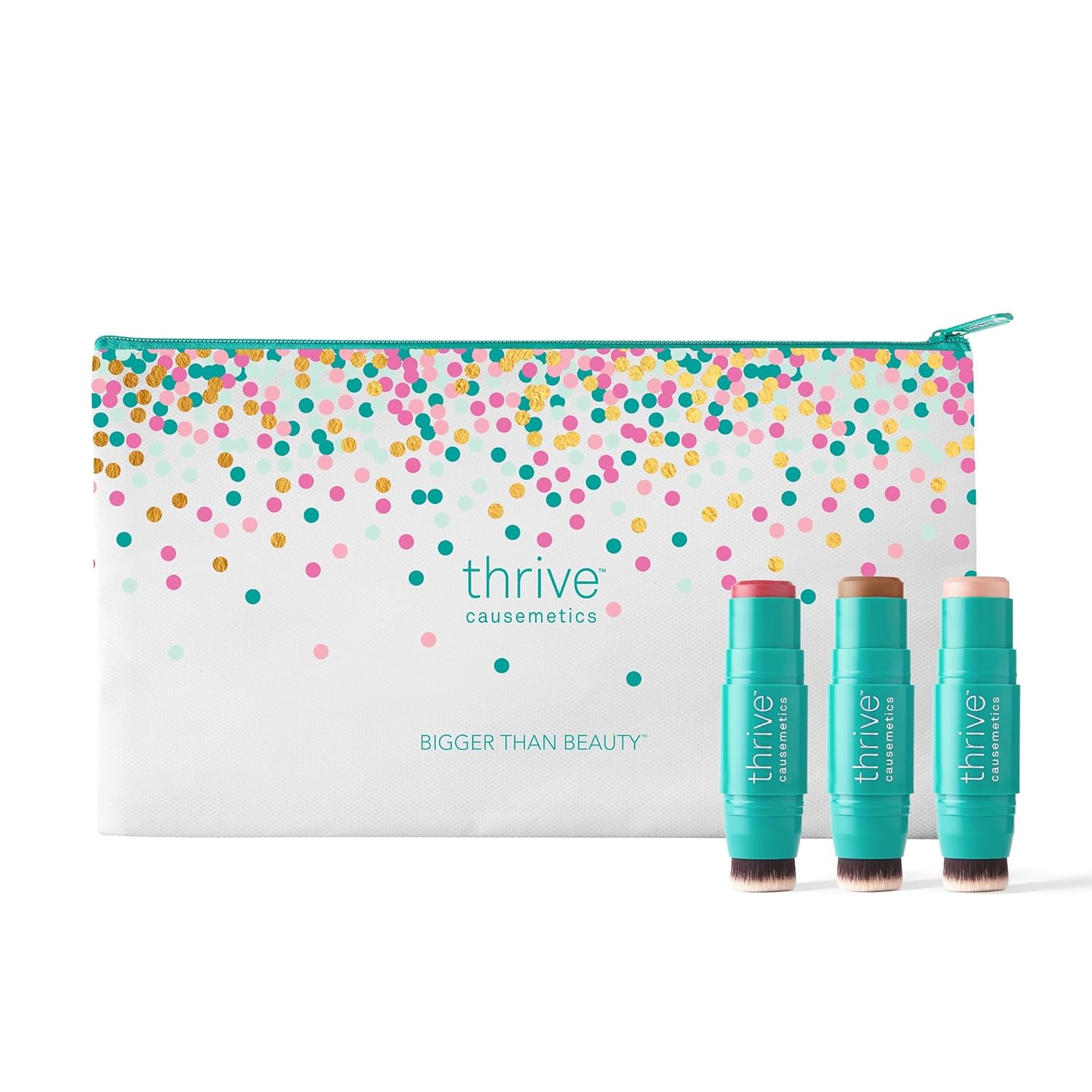 Thrive Causemetics Triple Threat Color Stick Makeup Gift Set for Women: Blush, Highlighter, Bronzer & Contour Stick, Waterproof Smudge Proof Face Makeup Formula, 3 Shades