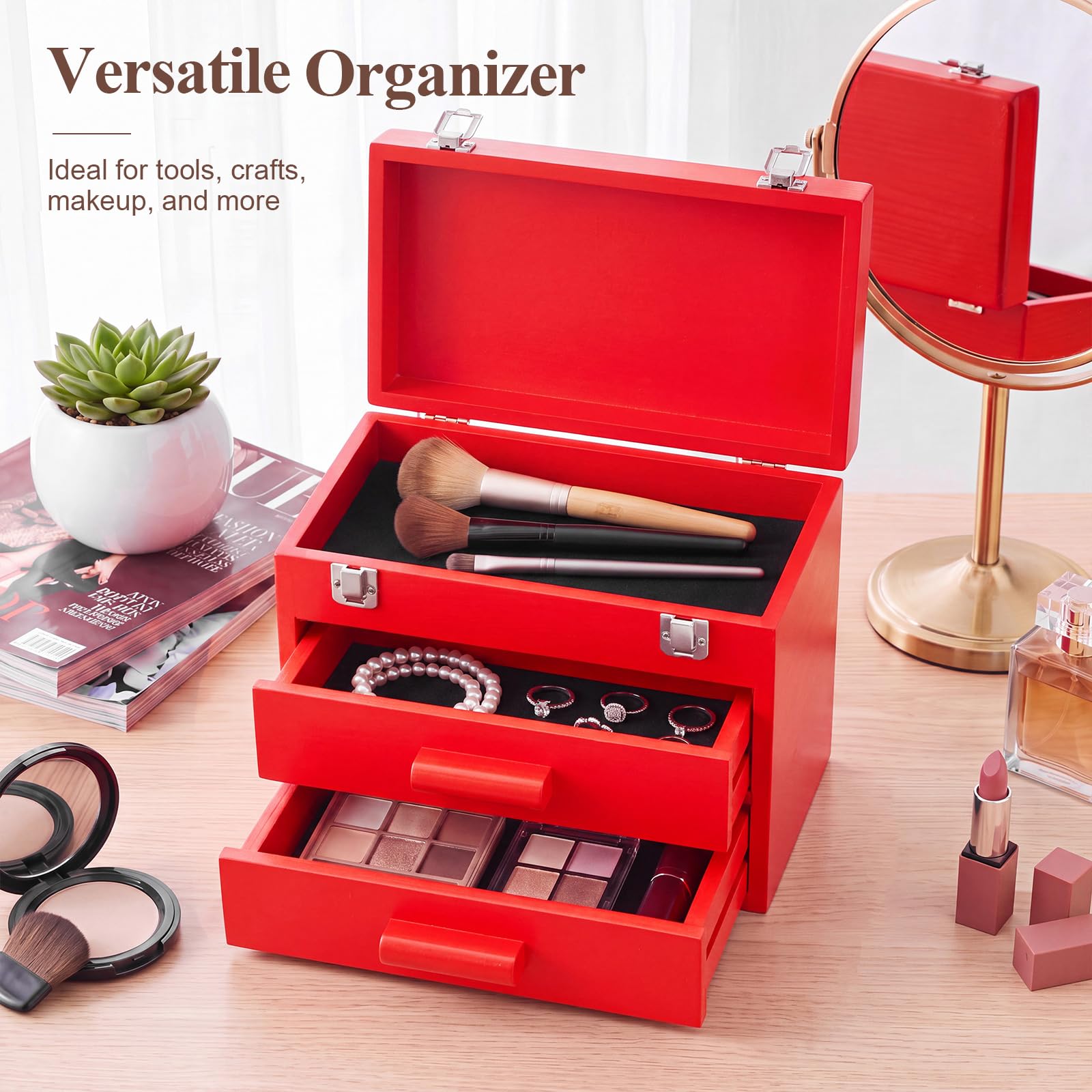 Weysat Mini-Werkzeugkiste aus Holz mit 2 Schubladen und oberer Aufbewahrung, tragbare kleine Werkzeugkiste mit PVC-Auskleidung, Mini-Aufbewahrungs-Organizer, Make-up-Box mit Metallriegelverschluss