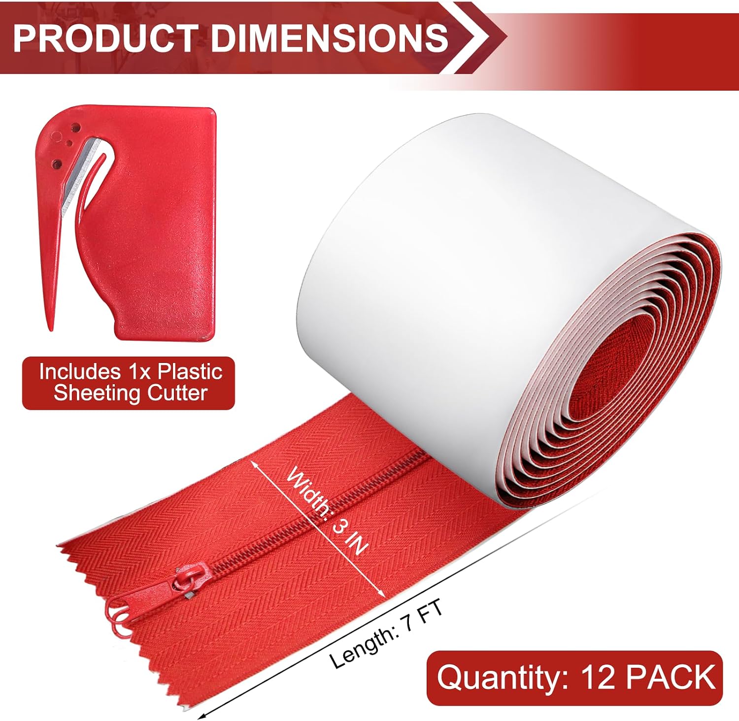 Millsten 12 Pack Heavy Duty Zipper Door for Dust Barriers, 7 Ft x 3 in Self-Adhesive Dust Barrier Zippers for Plastic Sheeting Includes Sheeting Cutter for Construction, Remodeling and Painting