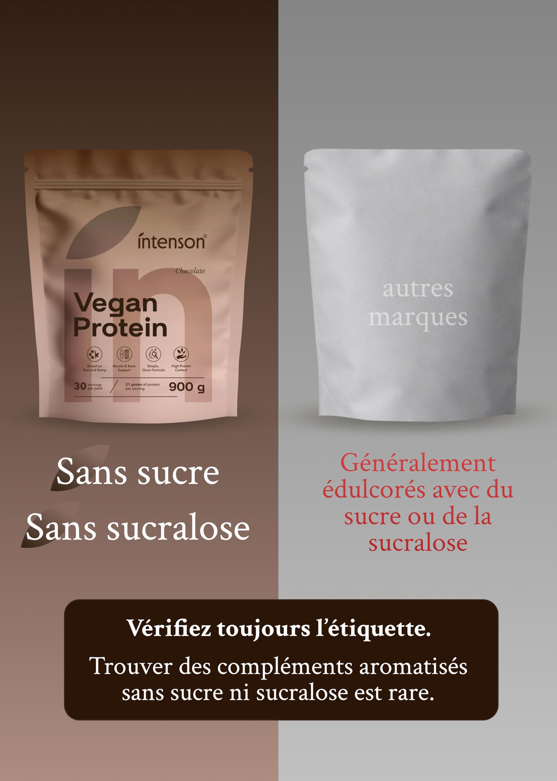 Intenson Vegan Protein Powder Chocolat, 900 g, 21 g de Protéines par Portion, 30 Portions, Mélange Pois & Chanvre, 100% Végétal, Sans Lactose, Sans Gluten, Sans Sucre, Formule Clean