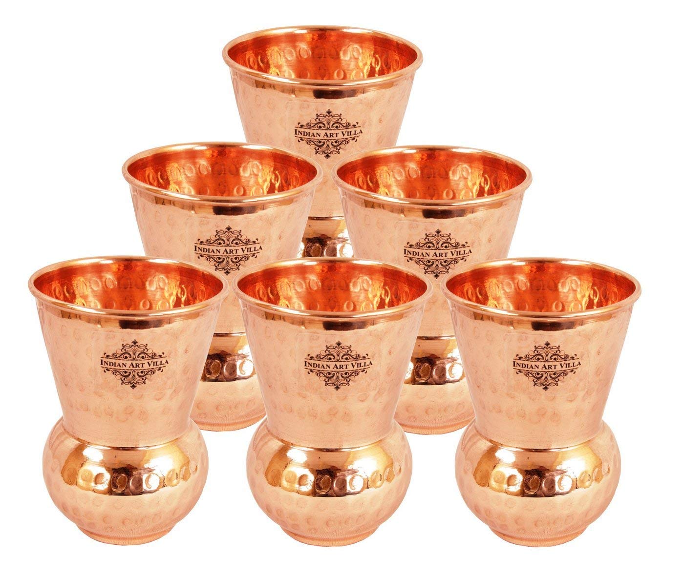 Indian Art Villa Copper Glass Tumbler With Hammered Shine Design Brown Color Drinkware, Volume-10 Oz, Set of 6