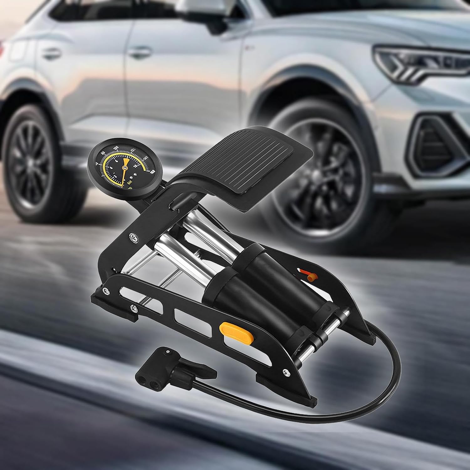 Foot Pump for Bikes and Vehicles with High Pressure Functionality, Black Dial