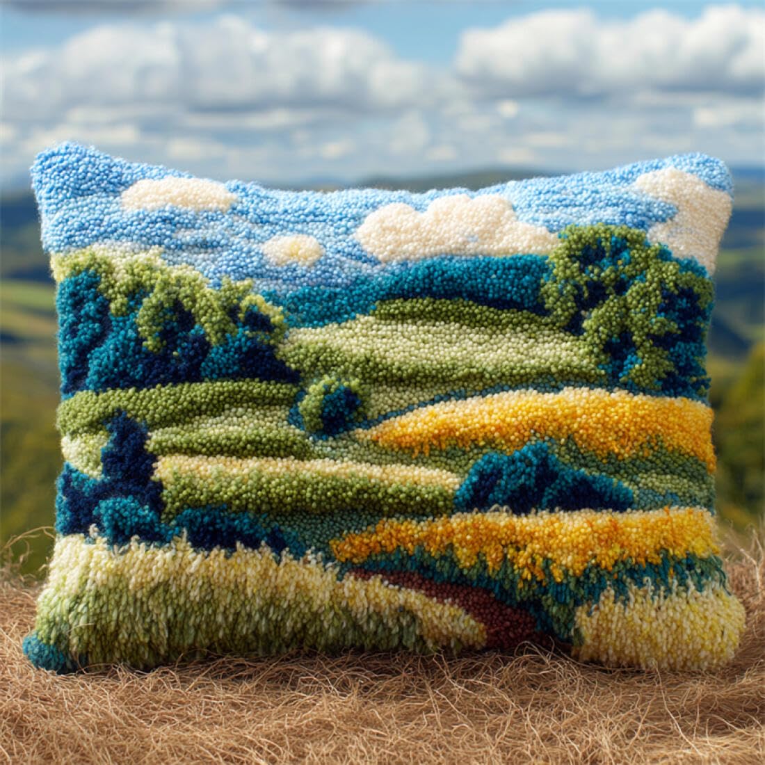 Kitquiver Latch Hook Cushion Kits Pastoral Scenery Latch Hook Kit Pillow DIY Rug Crochet Hook Cushion Making Kits with Preprinted Pattern Canvas 17x17In