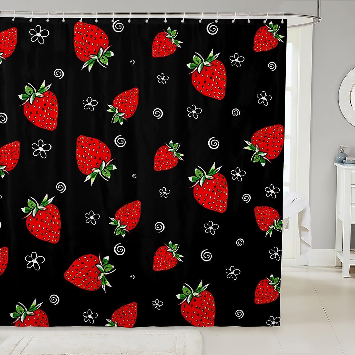 Strawberry Shower Curtain Cute Red Strawberries Bath Curtain Tropical Fruit Bathroom Shower Curtain Set Girls Kids Black Bedroom Decor Sweet Strawberry Waterproof Shower Curtain with Hooks 7