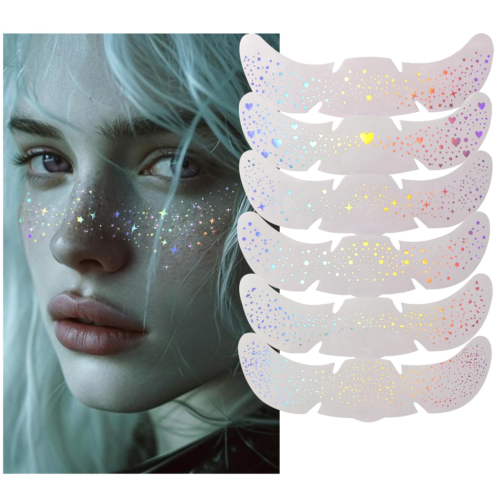 6 Pezzi di Tatuaggi temporanei Glitterati olografici Multicolore per Il Viso, Adesivi Impermeabili, lentiggini Brillanti, Patch per Il Viso con Glitter a Forma di Stella