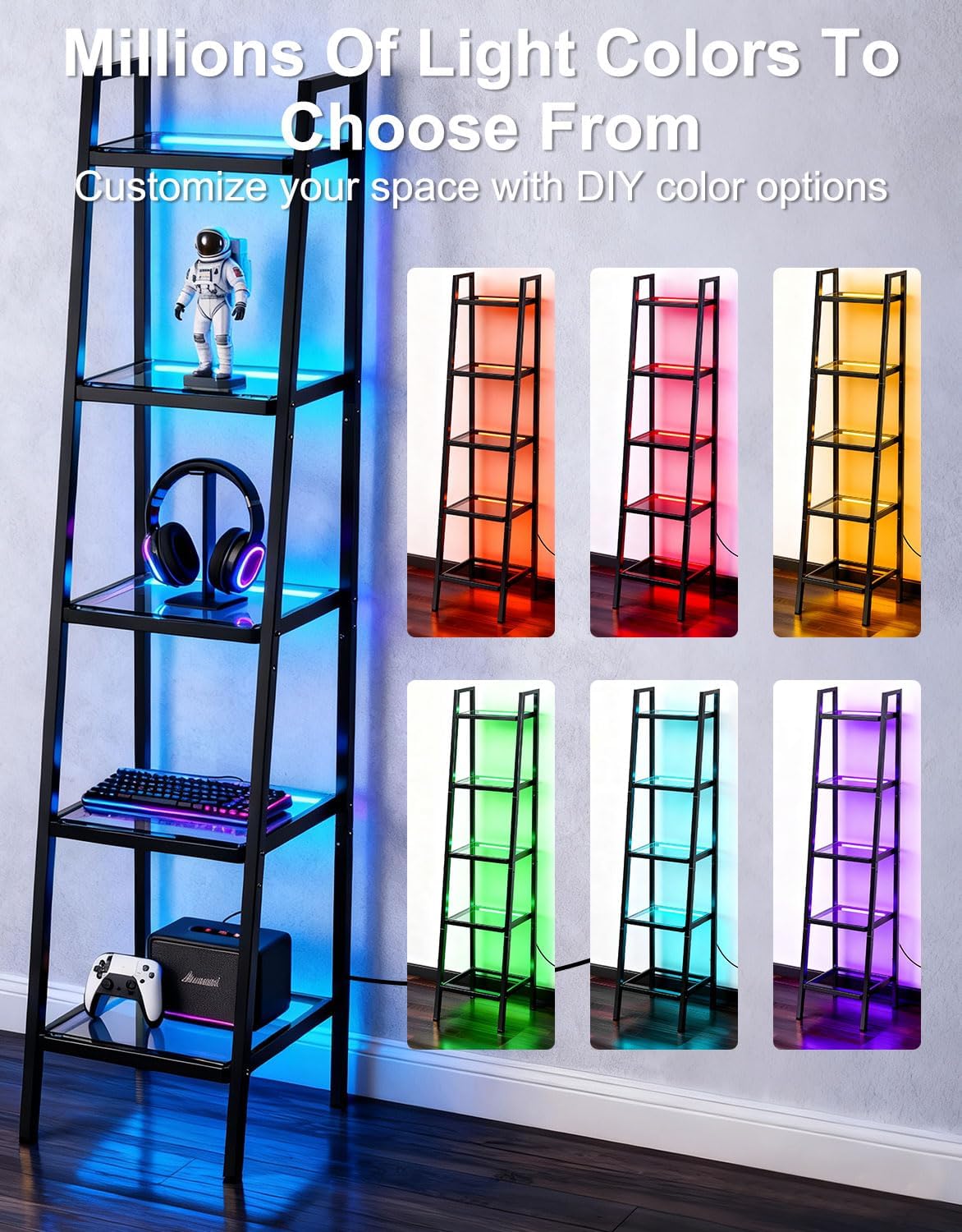 5-Tier Glass Display Shelf with RGB Light, 67" Ladder Bookshelf, Music Sync & 3 CCT, Dimmable App/Remote, Modern Freestanding Corner Storage Rack, Metal Organizer for Living Room Home Office, Black