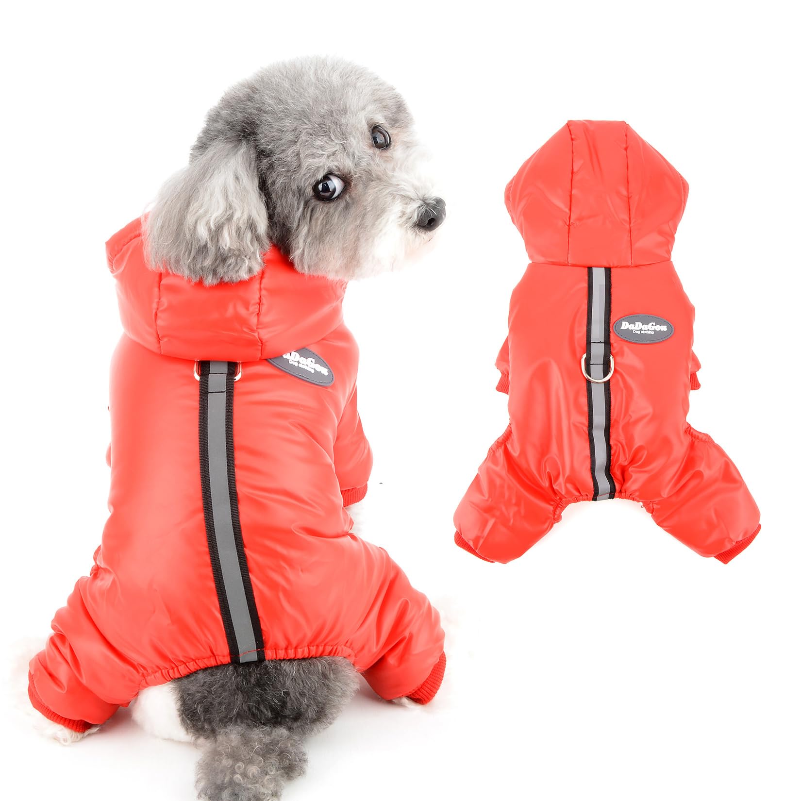 Ranphy Fleece Lined Dog Coat Hooded for Small Dog Waterproof Pet Jumpsuit with D-ring Warm Doggy Padded Reflective Strip Hoodie Puppy Jacket Winter Chihuahua Yorkie Cat Outdoor Snowsuit, Red, L
