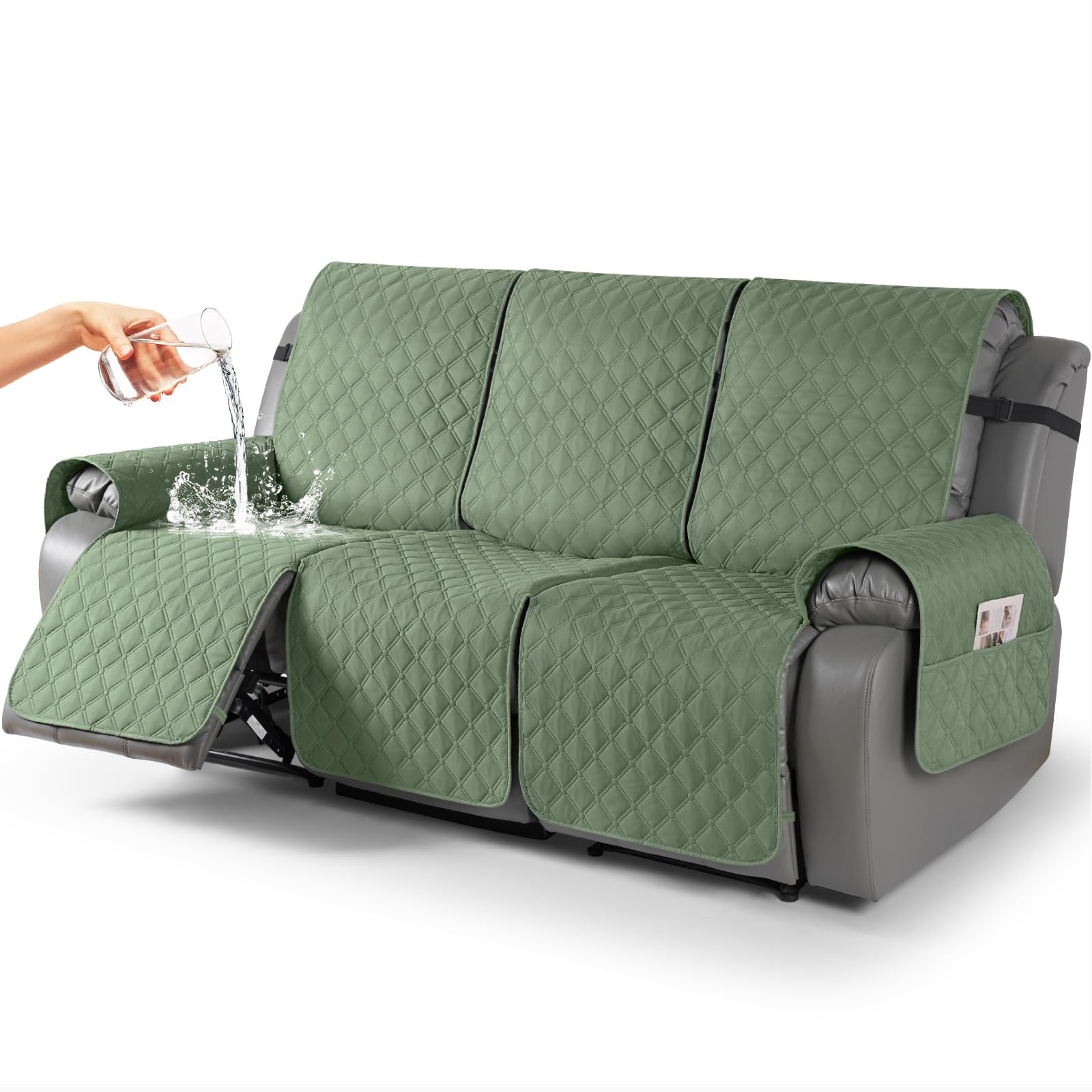 TAOCOCO 100% Waterproof Recliner Covers, Recliner Sofa Covers with Leg Straps, Reversible Recliner Couch Cover for Reclining Chair, Washable Couch Protector for Pets Kids(3 Seater, Moss Green)