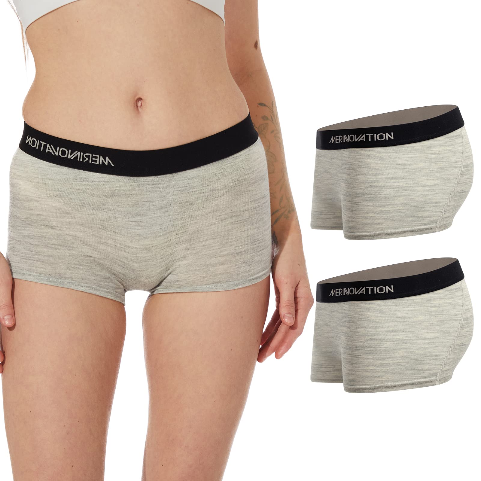 MERINNOVATION 100% Merino Wool Boxer Briefs for Women 2 Packs Underwear Boy Shorts Everyday Weight Breathable Anti-Odor Grey Marl