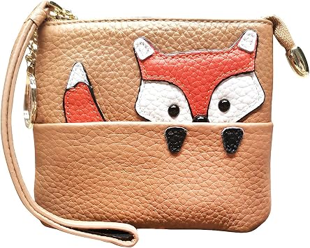 Fox Pattern Leather Coin Purse Keychain Change Pouch Wallet with Zipperedbrown