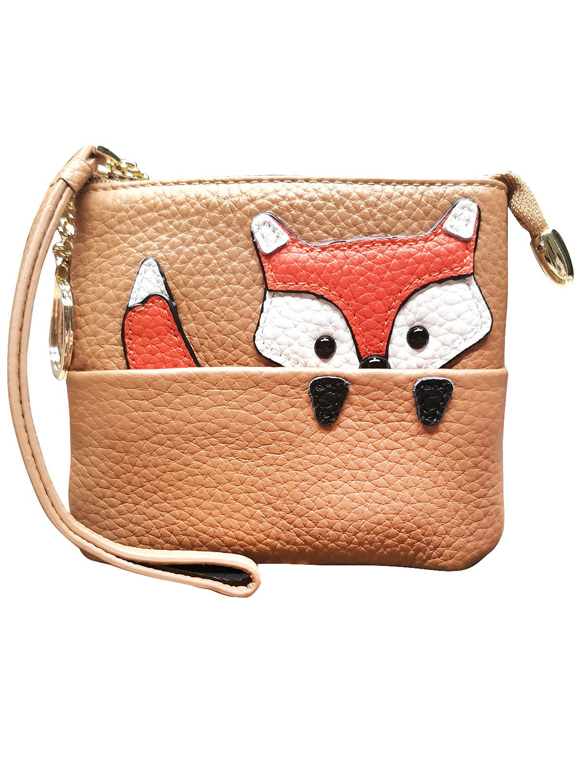 POPUCTFox Pattern Leather Coin Purse Keychain Change Pouch Wallet with Zippered (Brown)