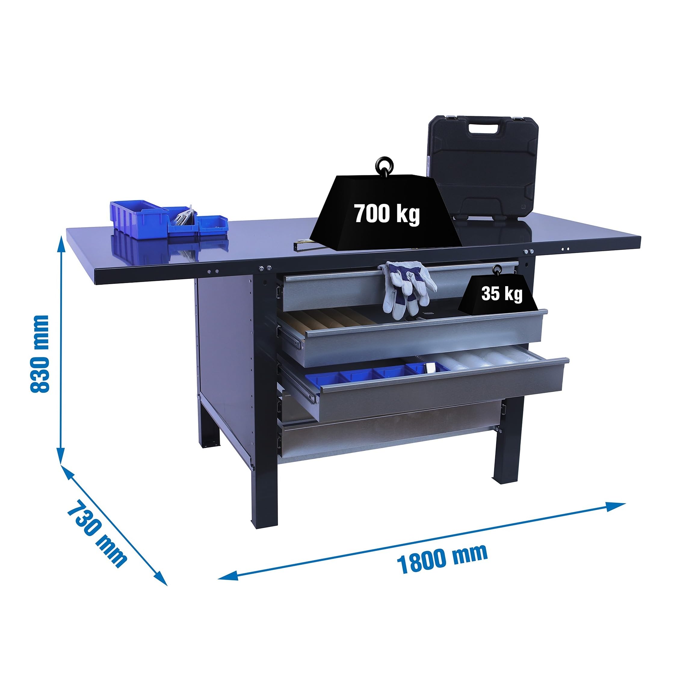 SimonRack Banco de Trabajo Taller, Capacidad Carga 700 kg, 830x1800x730 mm, Mesa de Trabajo, 5 Cajones, Antracita - BT6 PRO | Capacidad Carga 700 kg, Pintura anticorrosión, Uso Industrial, Antracita