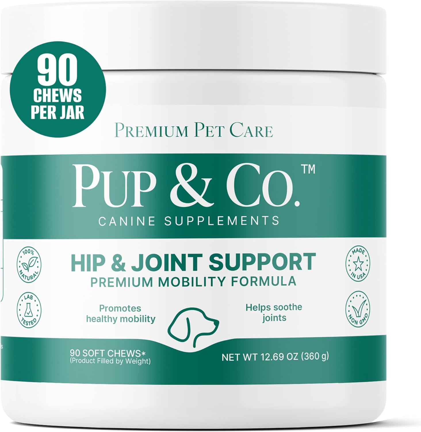 Pup & Co. Hip and Joint Supplements for Dogs – Joint Health Support for Mobility, Comfort & Cartilage, Glucosamine Chondroitin MSM with Turmeric, Omega-3 & Vitamin C – 90 Chews