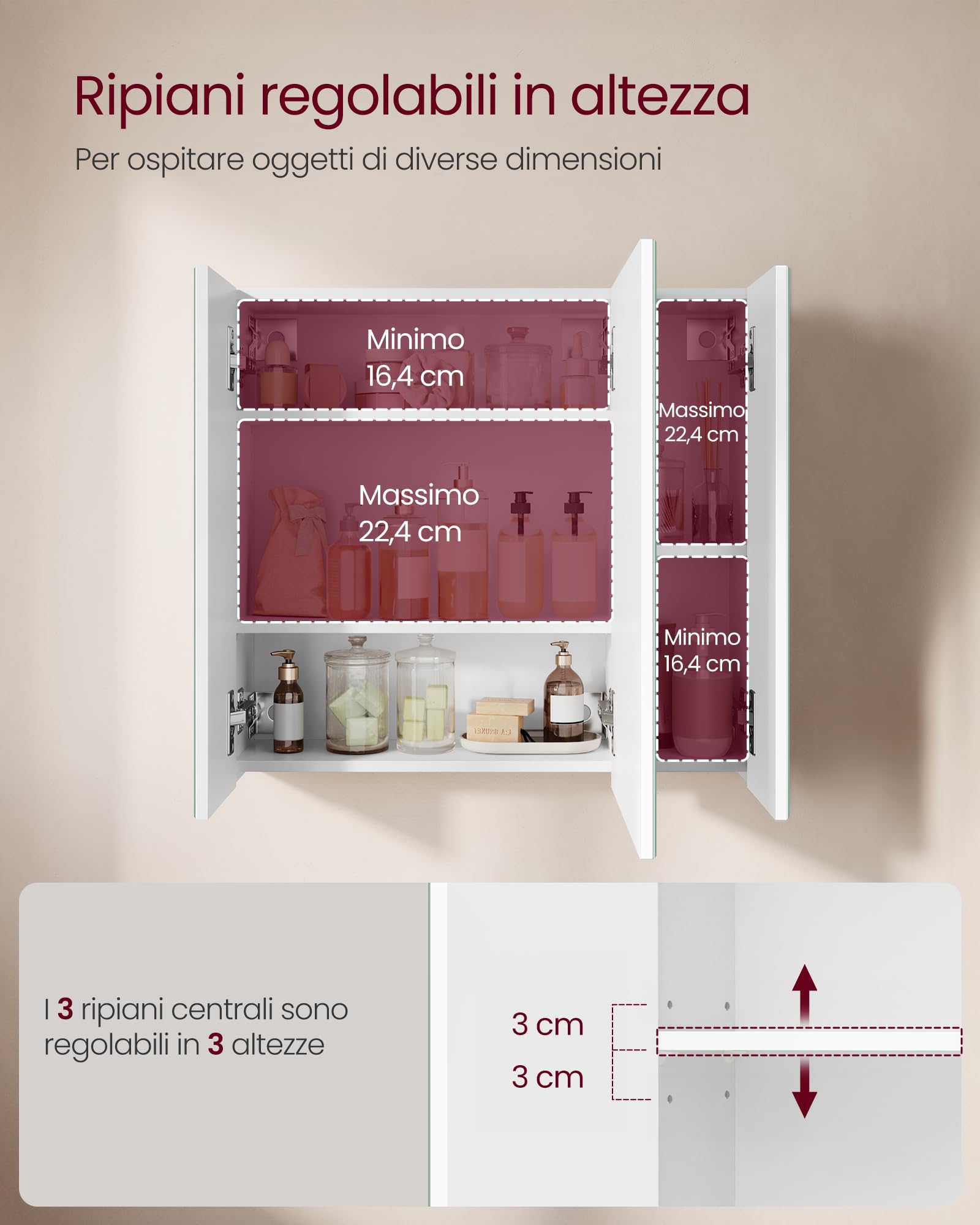 VASAGLE Collezione KAILYN - Mobiletto Pensile da Bagno con Specchio, Stile Moderno, 15 x 60 x 55 cm, Bianco BBK22WT