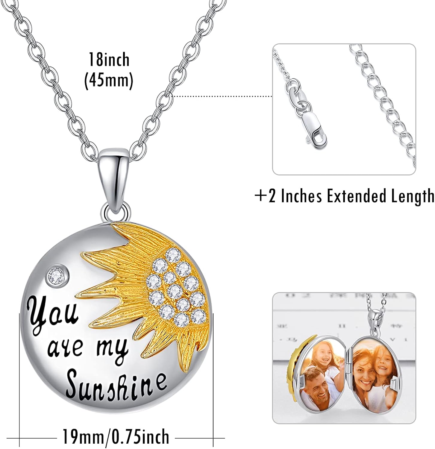 TANGPOET Locket Necklace That Holds Pictures Memory Sunflower Locket Photo Memory Necklace Sterling Silver Engraved You Are My Sunshine Jewellery for Women Girlfriend Women - Image 5