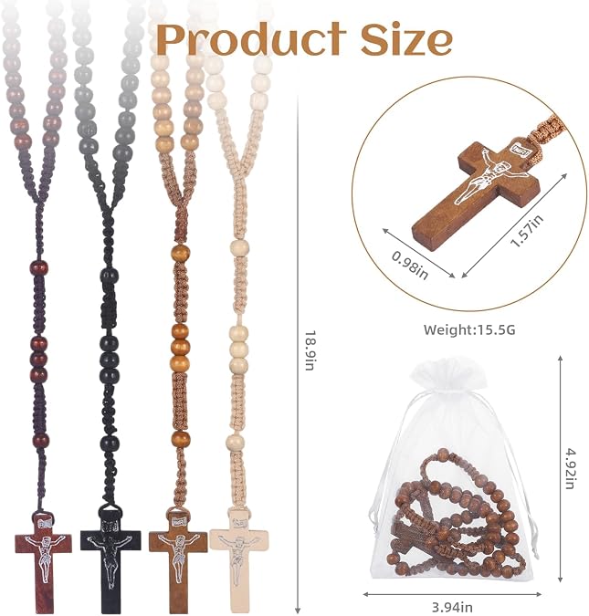 Wooden Rosary Beads Bulk,Wood Rosarios Catolicos with Jesus Holy Cross,First Communion Rosary Bulk Wooden Rosaries in Bulk With Organza Bags Rosary Catholic Baptism Church Present for Men Women