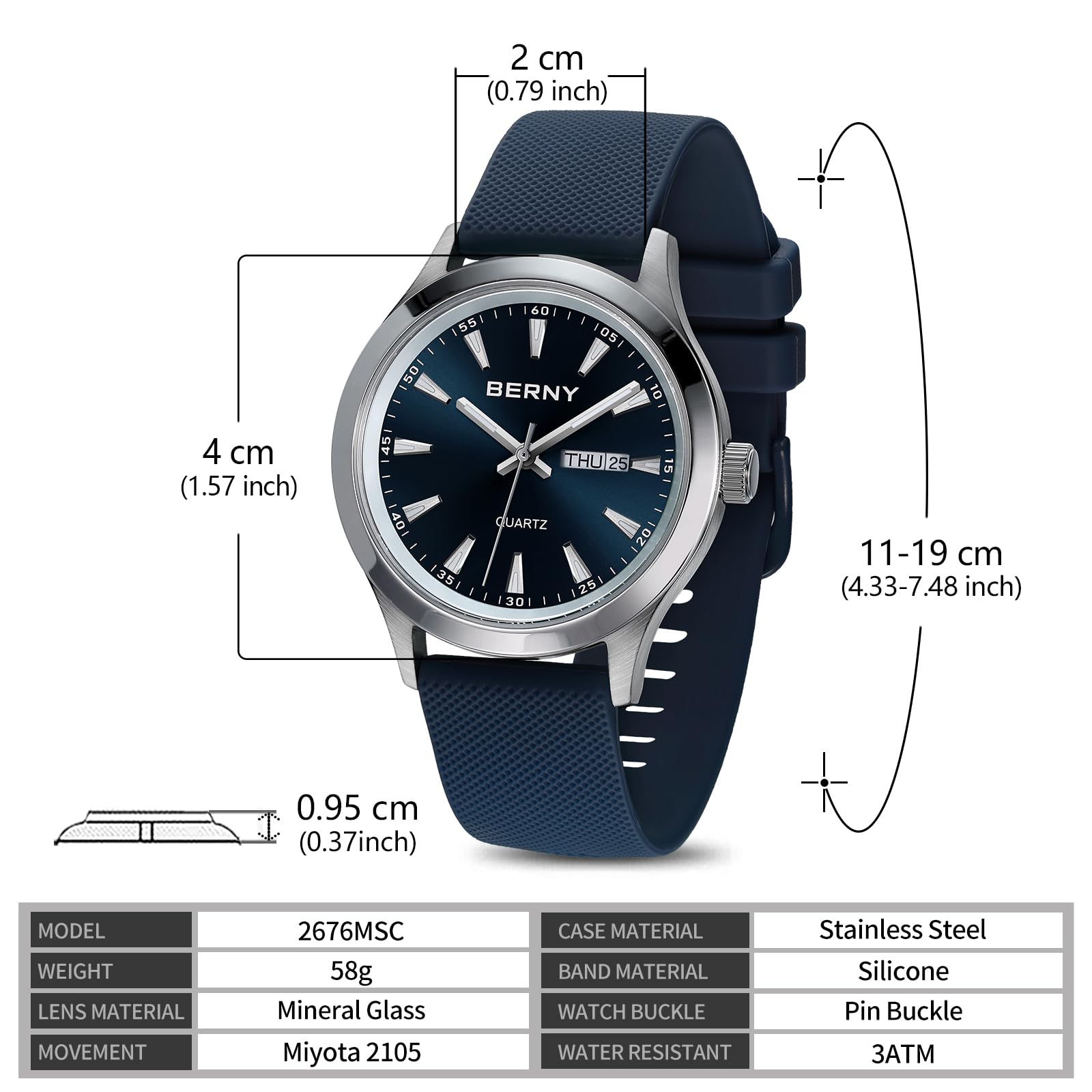 BERNY Mens Cuarzo De Acero Inoxidable Sólido Reloj De Agua Relojes Deportivos A Prueba De Agua para Los Hombres Luminosa