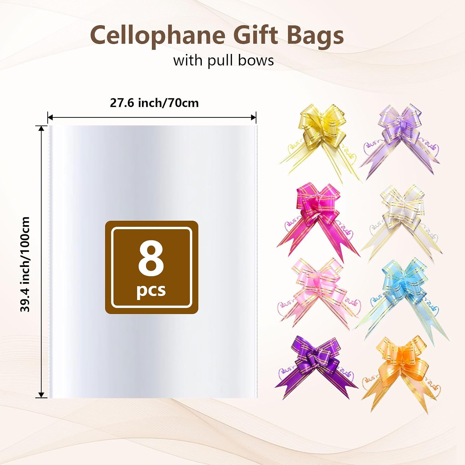 Boensi 8 Pack Extra Large Cellophane Bags with Pull Bows,27x39 inches Clear Hampers Bags for Gift Baskets,Halloween, Easter, Christmas Fruit Basket and Gift Packaging