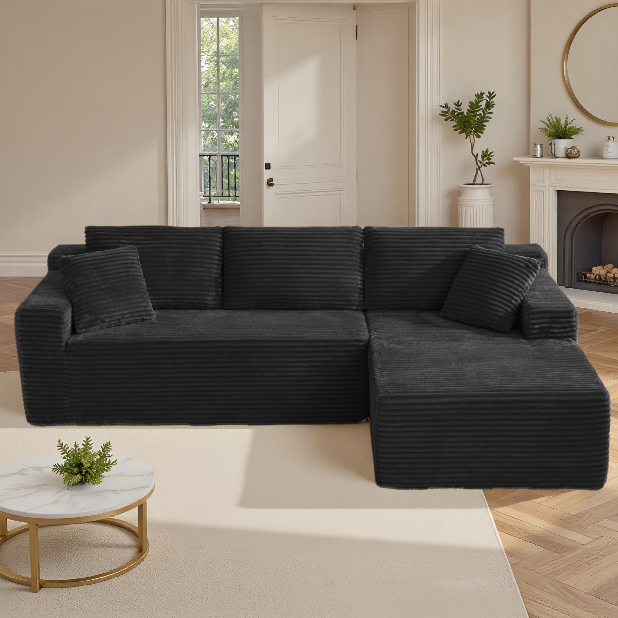Sapgaks - Sofá esquinero convertible en L, sofá de 3 plazas de pana, sofá convertible de espuma viscoelástica para la sala de estar, dormitorio, apartamento, B-negro