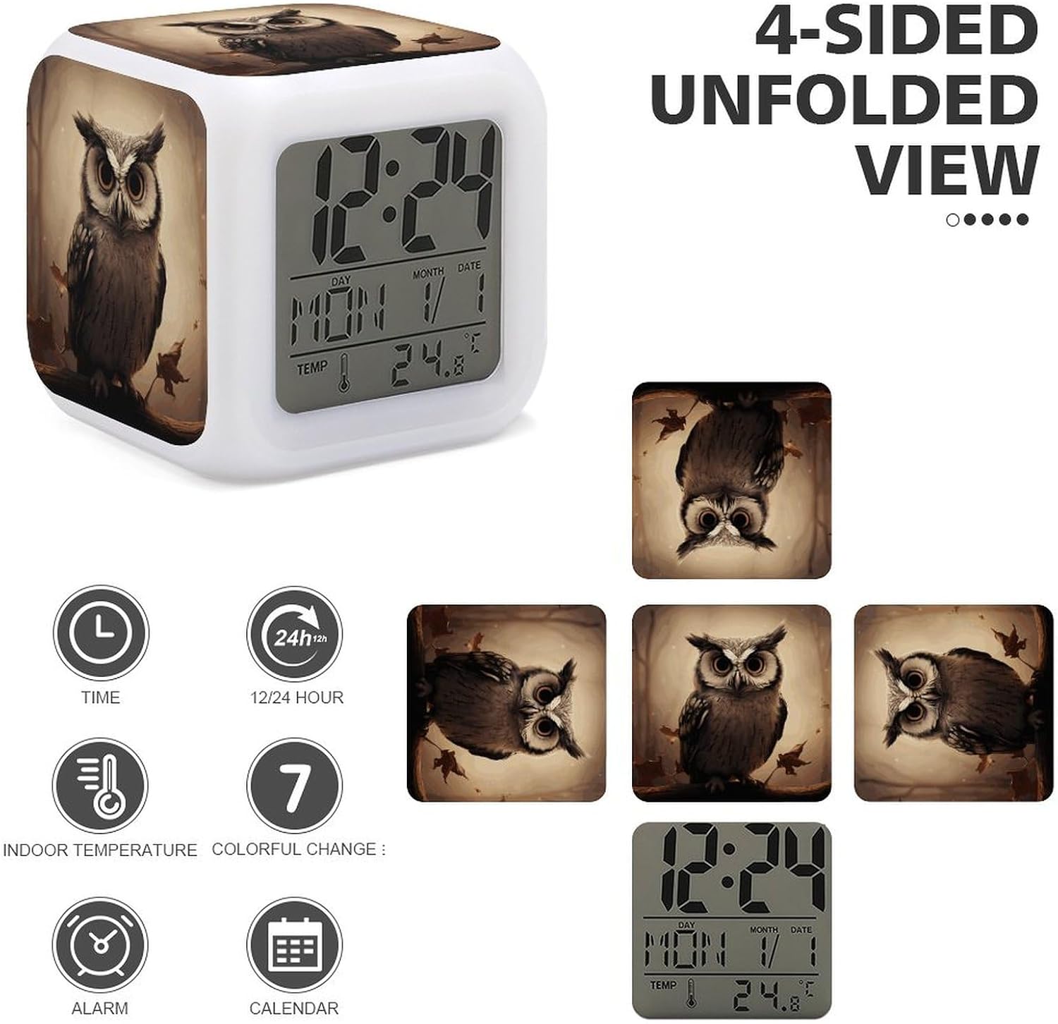 Cute Owl Alarm Clock Led Display Alarm for Bedroom Smart Digital Alarms with 7 Color NightLight Small Night Light Clock for Heavy Sleepers Simple Operation image 4