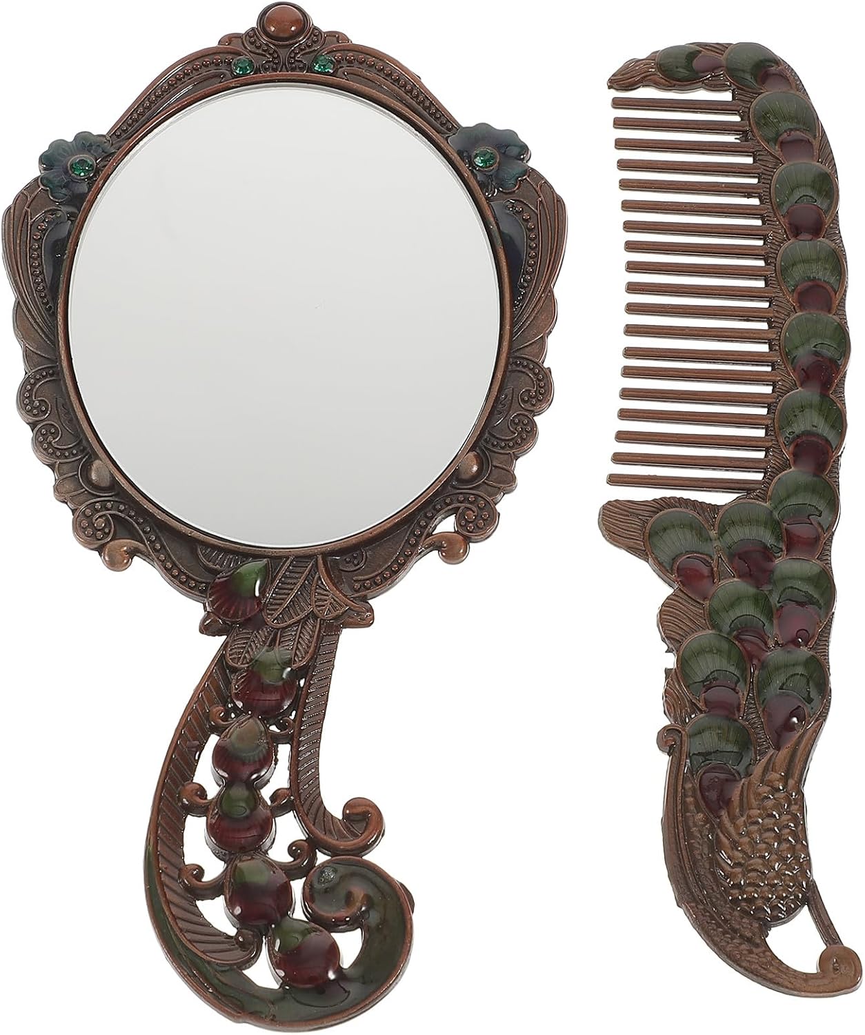 BETOOKY Vintage Handheld Cosmetic Mirror with Comb Set, Alloy Makeup Vanity Mirror for Travel and Personal Care, Red Antique Finish, Portable Beauty Tool