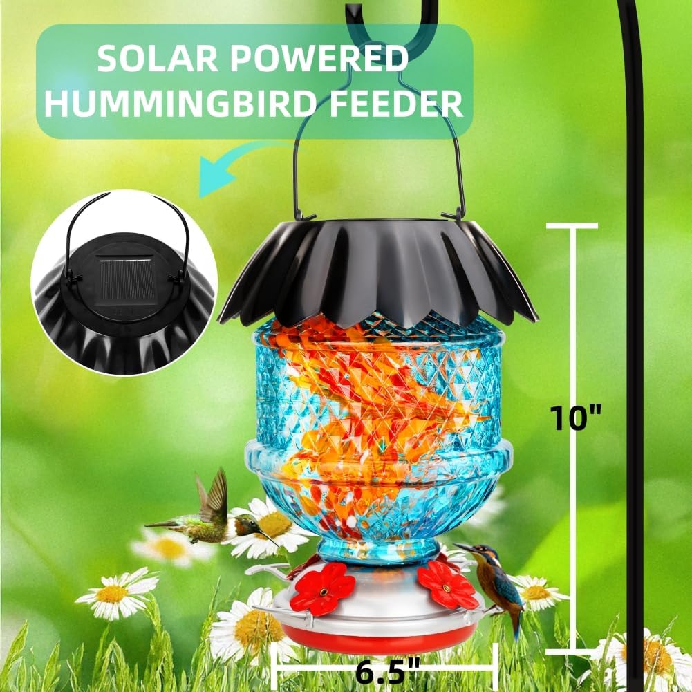 Solar Hummingbird Feeder with Perch 48 OZ Hand Blown Glass Hummingbird Feeder for Outdoors Hanging Include Accessories (Blue)