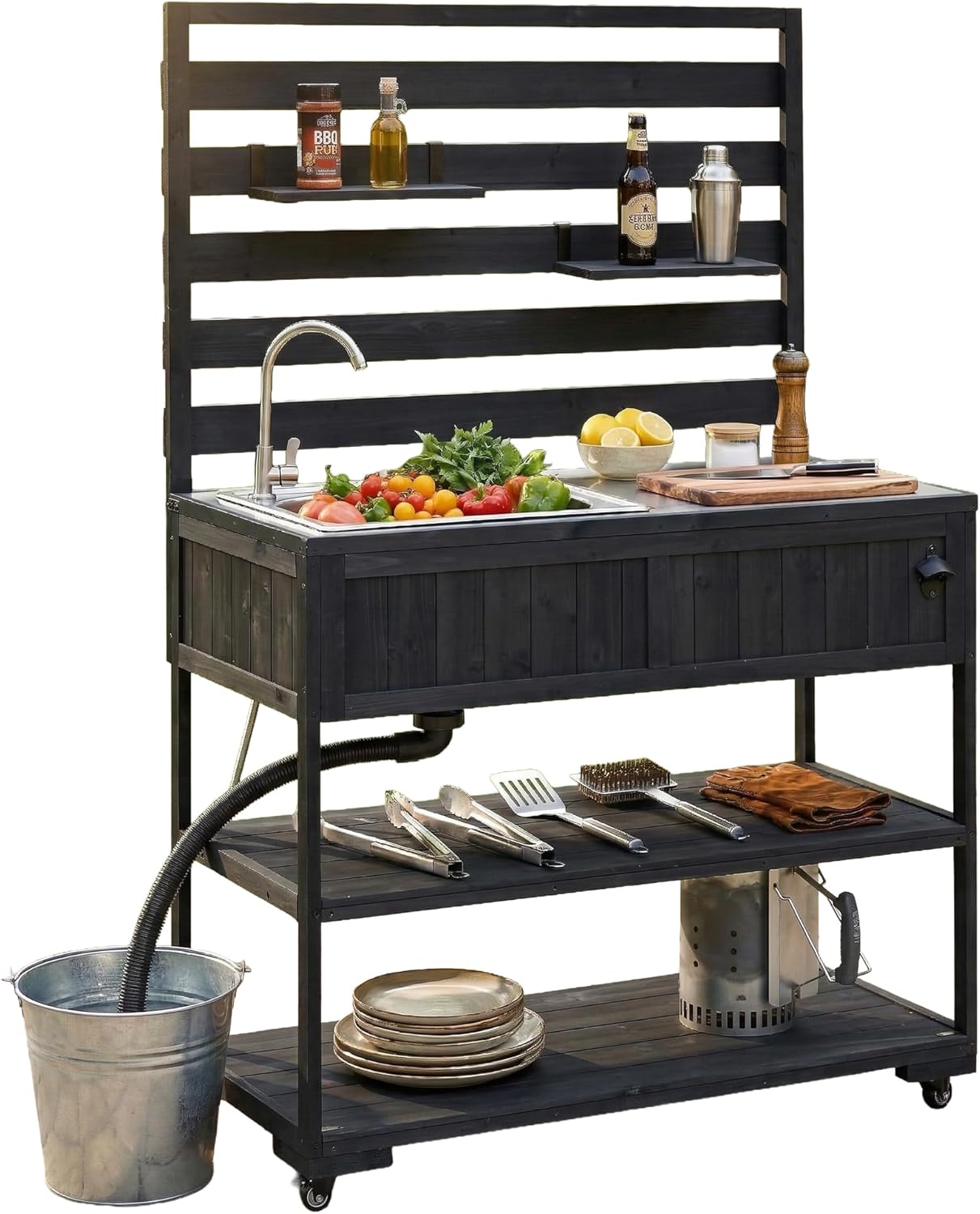 Patio Potting Bench Table with Stainless Table Top, Rolling Potting Bench on Wheels with Sink, 2 Movable Shelves and Bottle Opener for Backyard (Black)