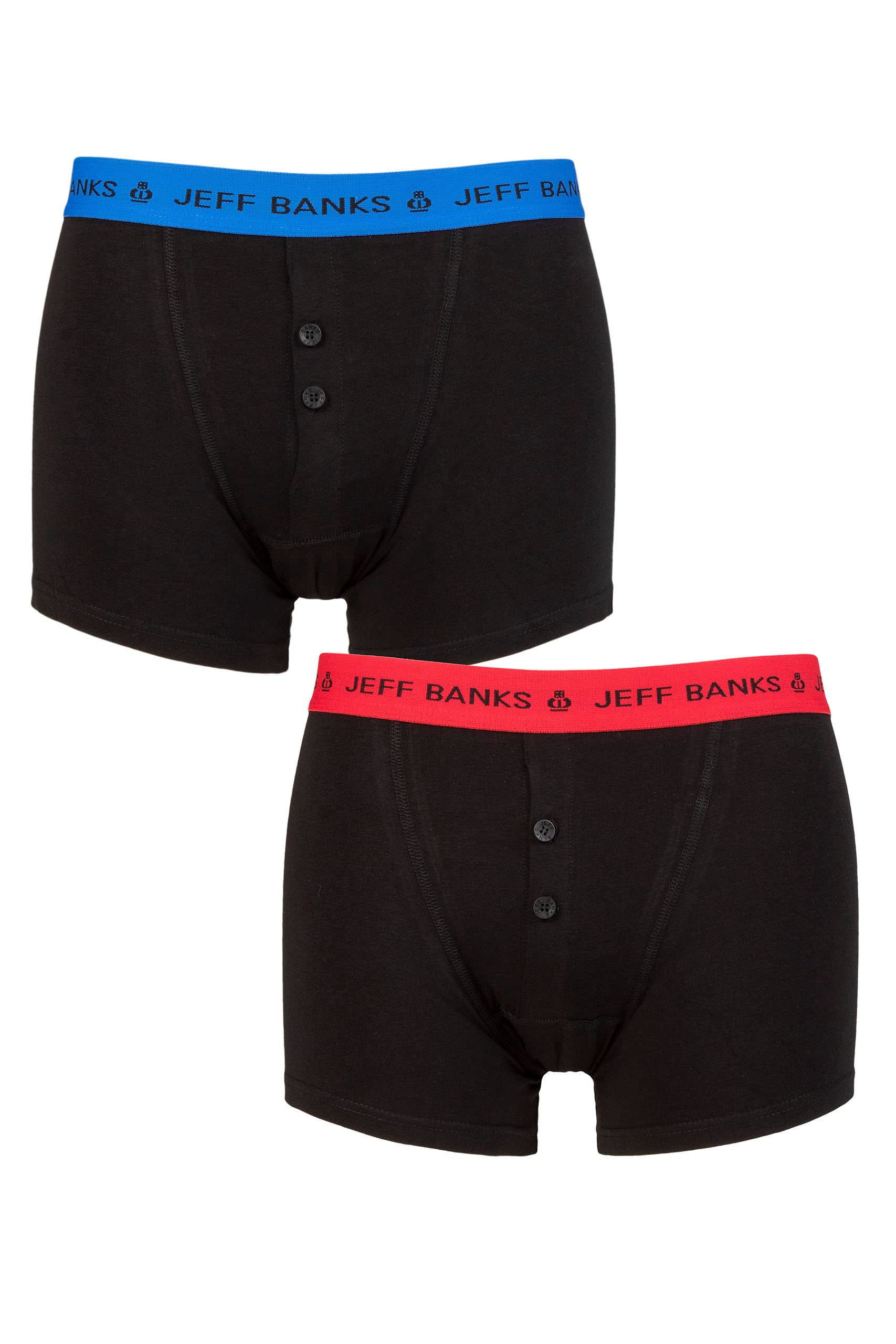 Jeff Banks Men's Black Blue / Red 2 Pack Plymouth Button Cotton Boxer Shorts Black Blue/Red Xl