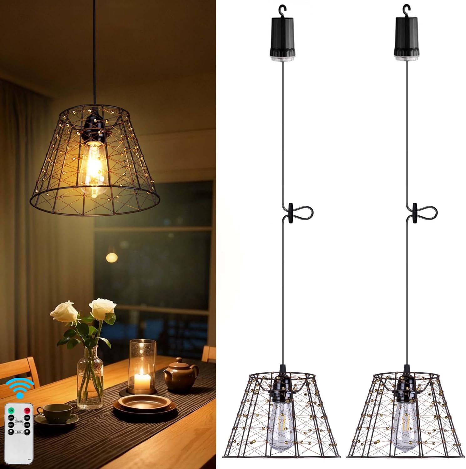 Battery Operated Chandelier with Remote Control, IP44 Waterproof Outdoor Pendant Light, No Wiring Needed Gazebo Lights for Porch, Patio, Balcony, Pergola, Shed, Home Decor