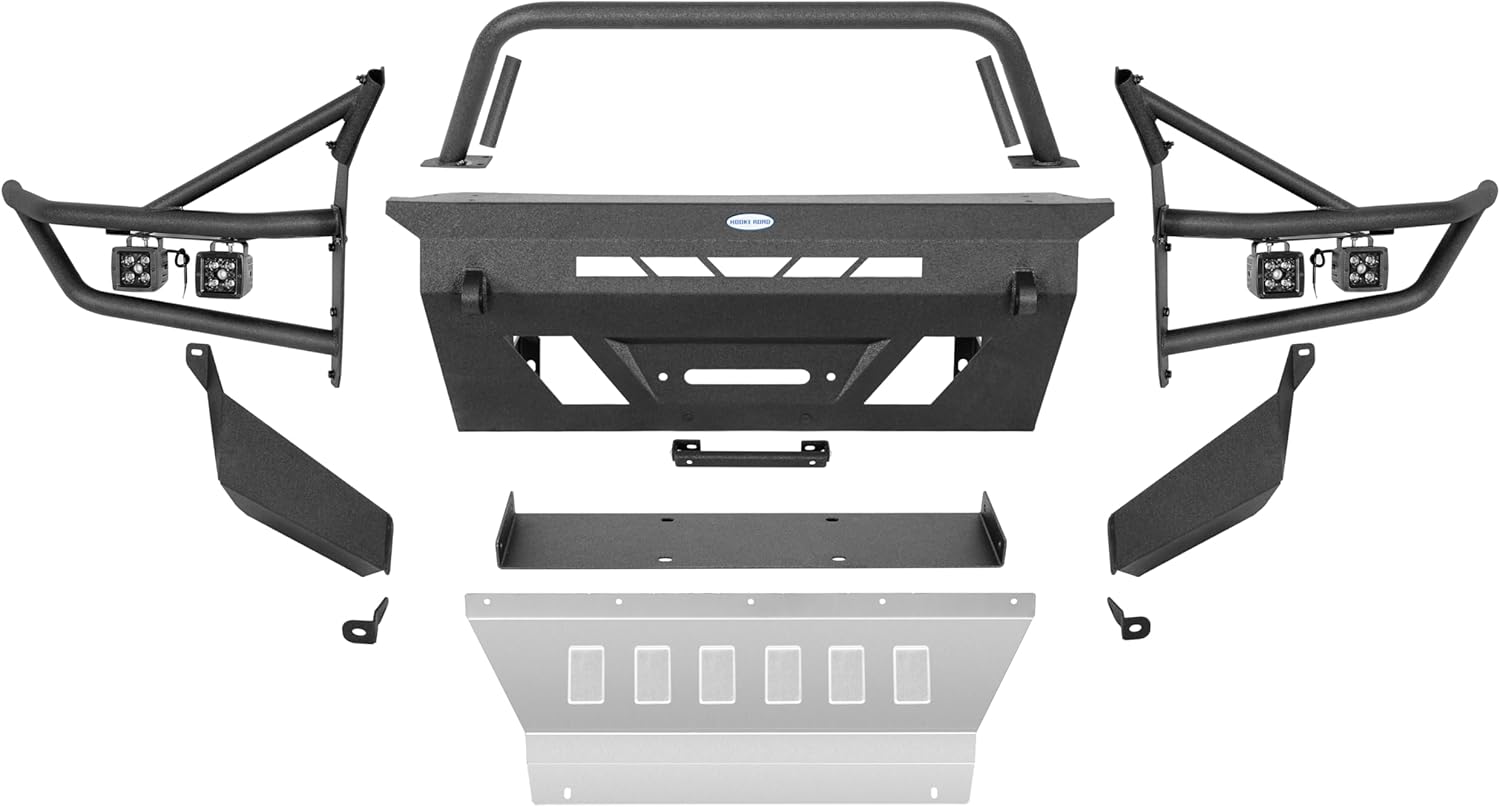 Hooke Road 4Runner Tube Front Bumper for 2014-2024 Toyota 4Runner 5th Gen, Offroad Bumper with Winch Plate Skid Plate & 4 LED Spot Lights